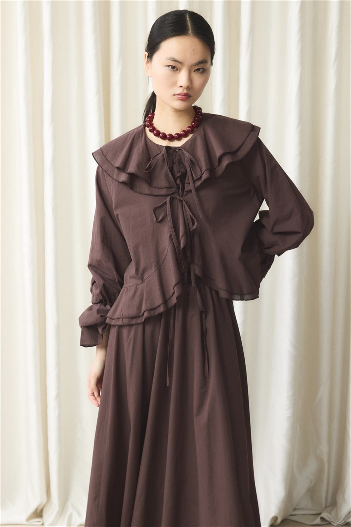 Kol Volan Fırfır Detaylı Vual Etek Takım - Kahve