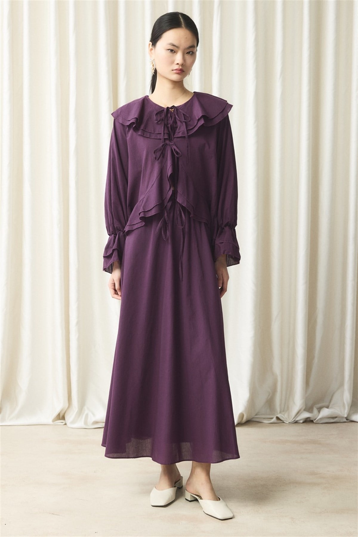 Kol Volan Fırfır Detaylı Vual Etek Takım - Mürdüm