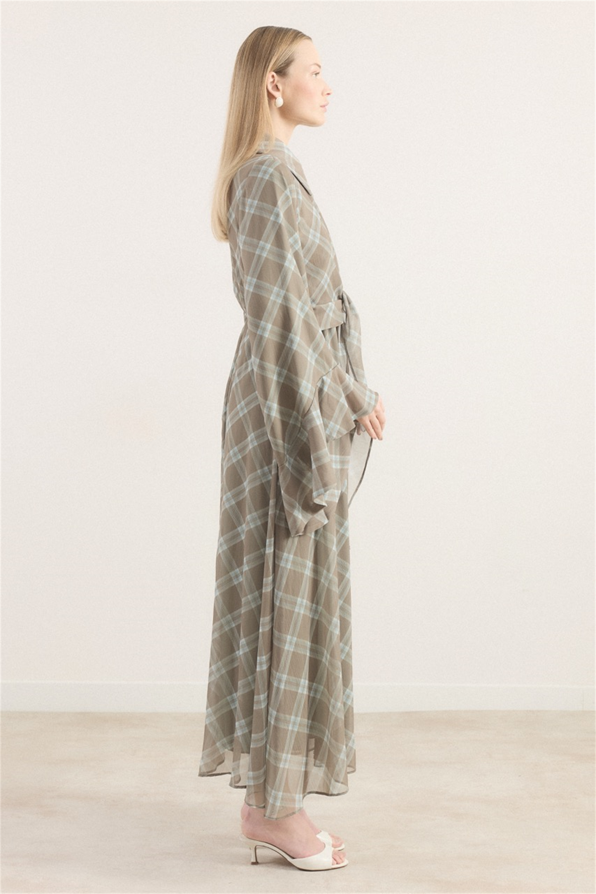 Kol Volanlı Allerli Şifon Ekose Elbise - Çağla