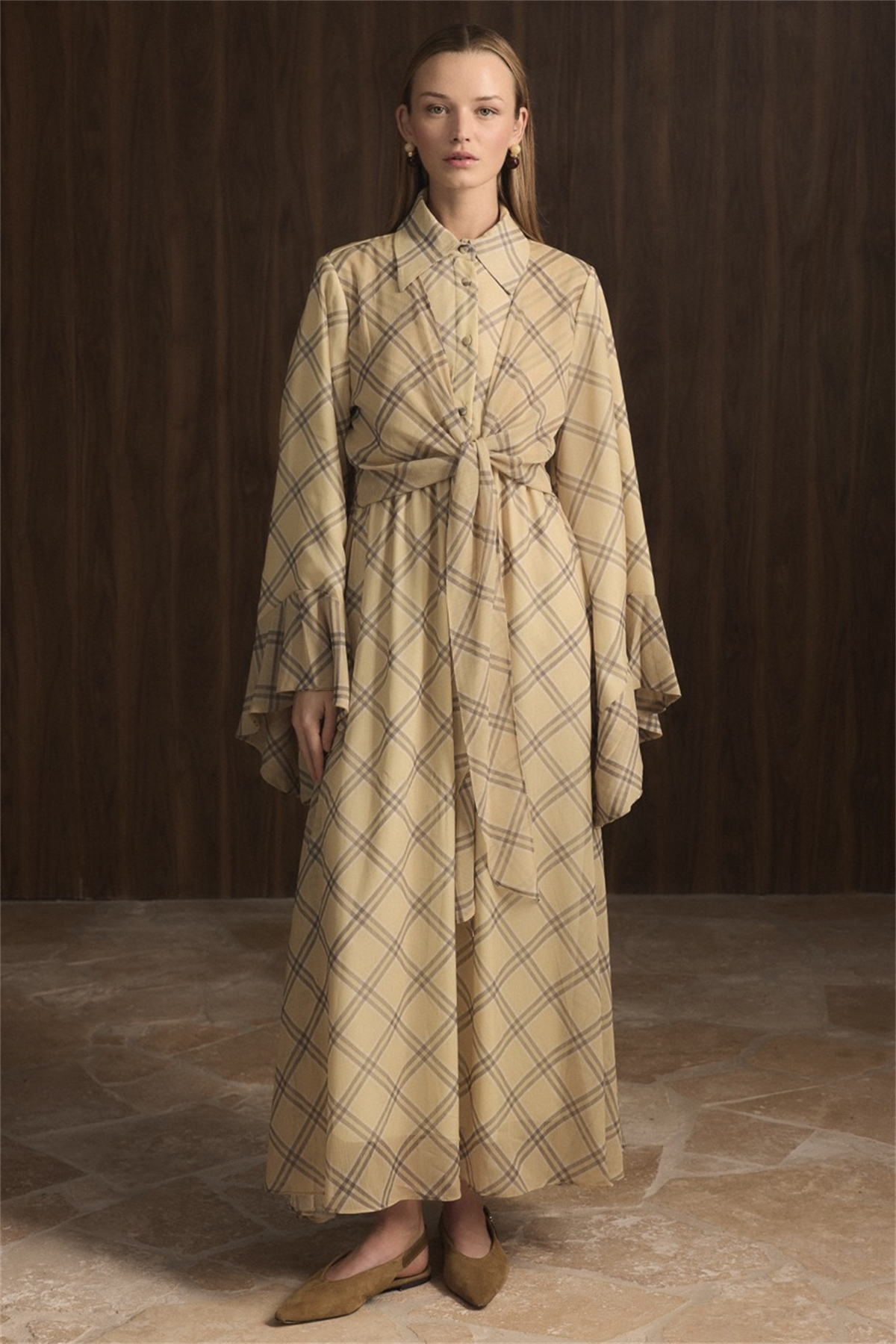 Kol Volanlı Allerli Şifon Ekose Elbise - Sarı