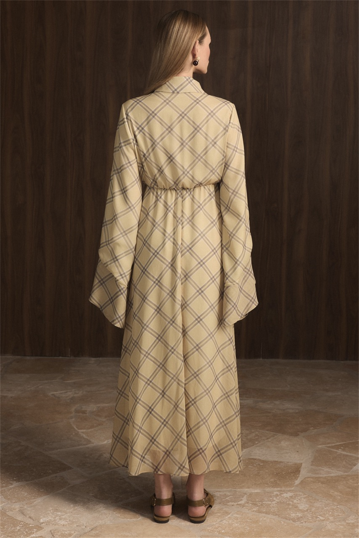 Kol Volanlı Allerli Şifon Ekose Elbise - Sarı