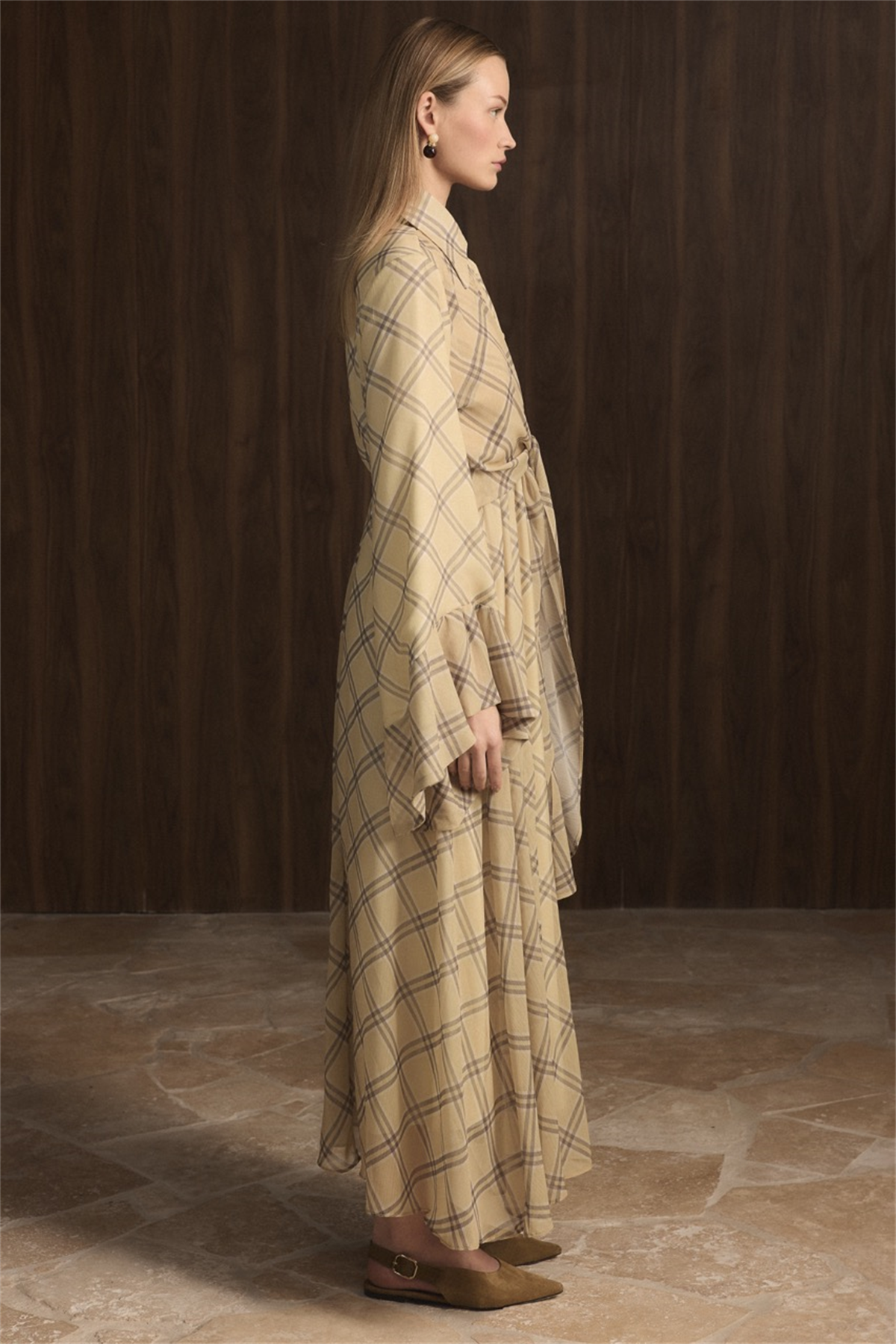 Kol Volanlı Allerli Şifon Ekose Elbise - Sarı