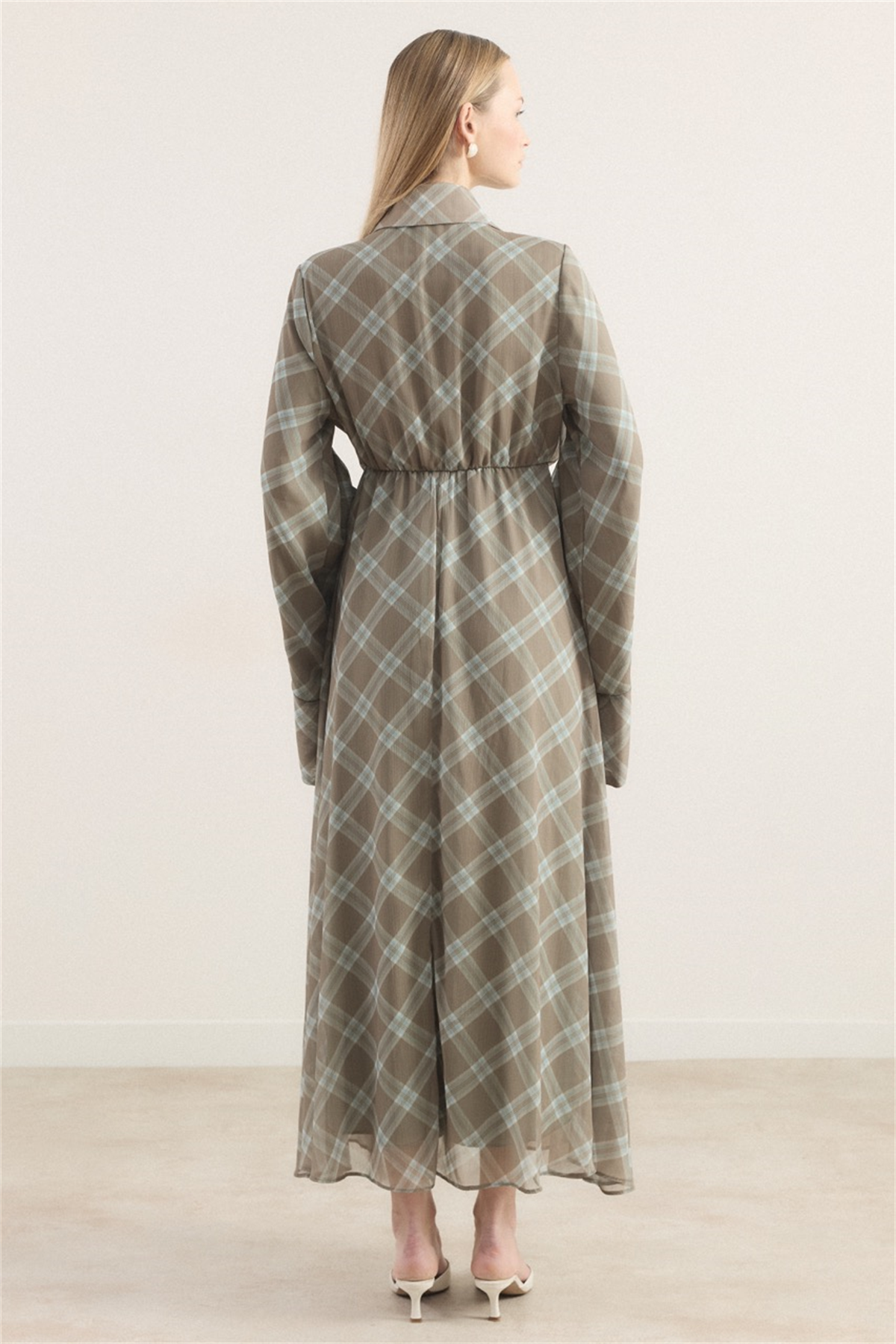 Kol Volanlı Allerli Şifon Ekose Elbise - Çağla