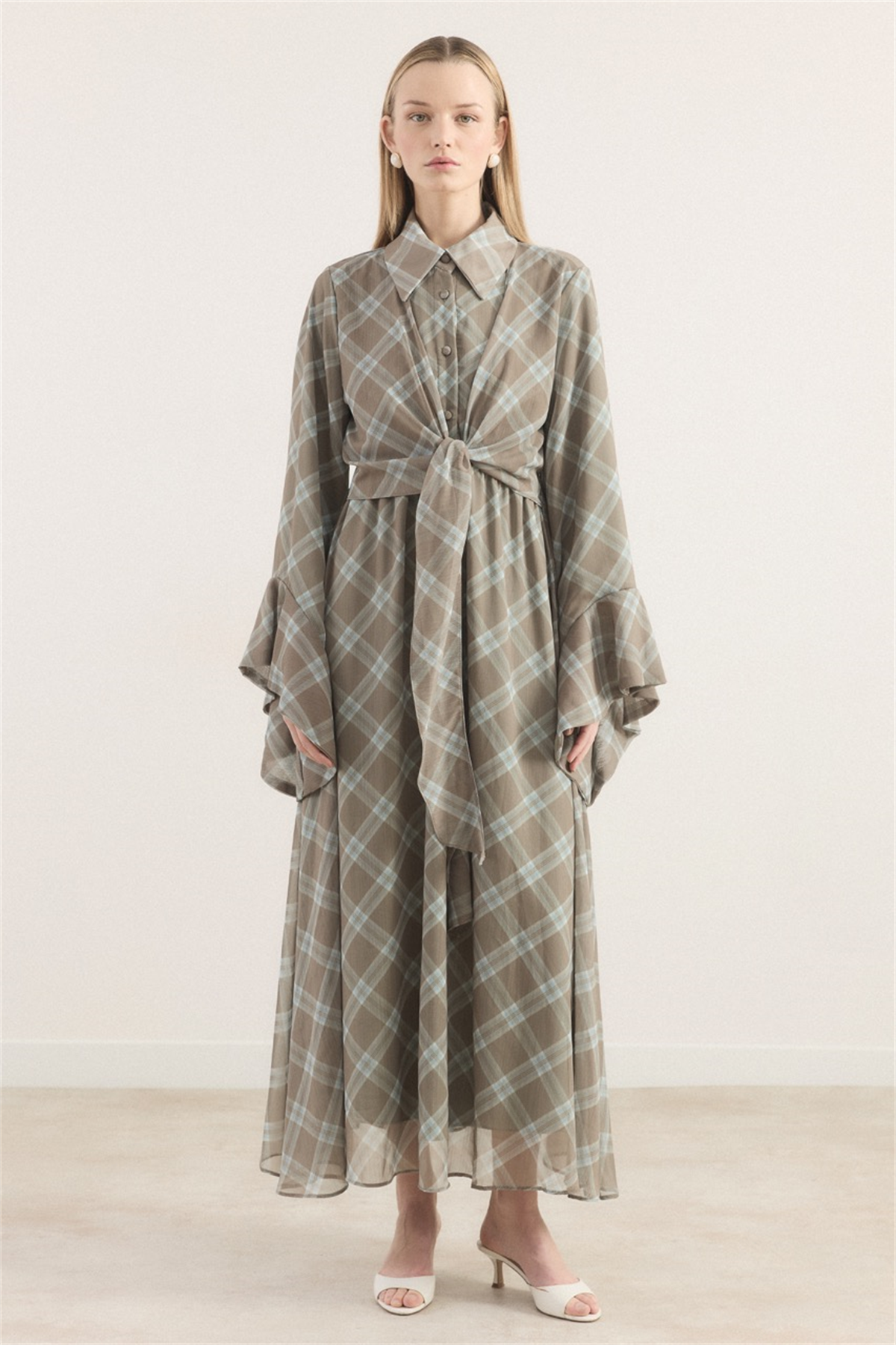 Kol Volanlı Allerli Şifon Ekose Elbise - Çağla