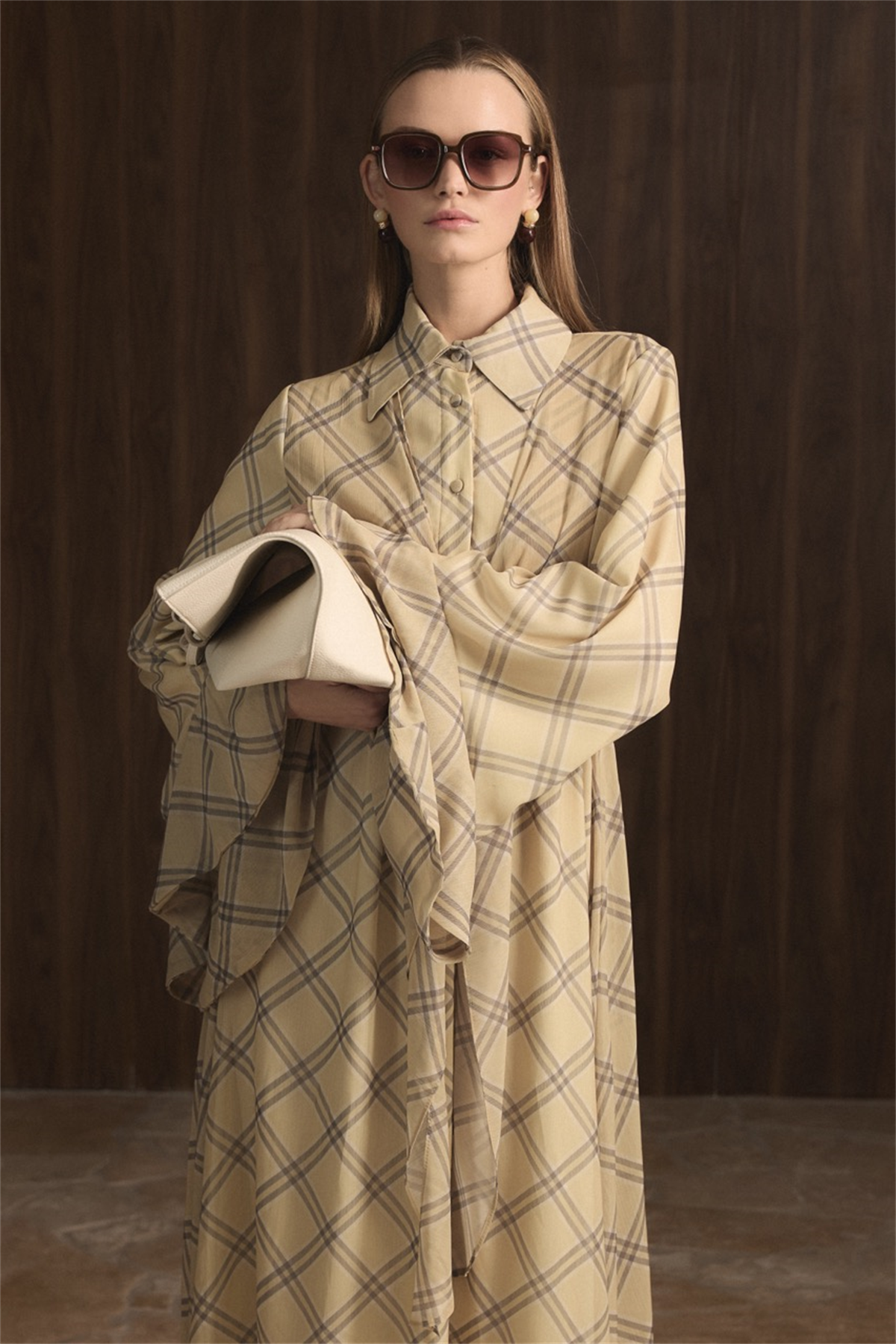 Kol Volanlı Allerli Şifon Ekose Elbise - Sarı