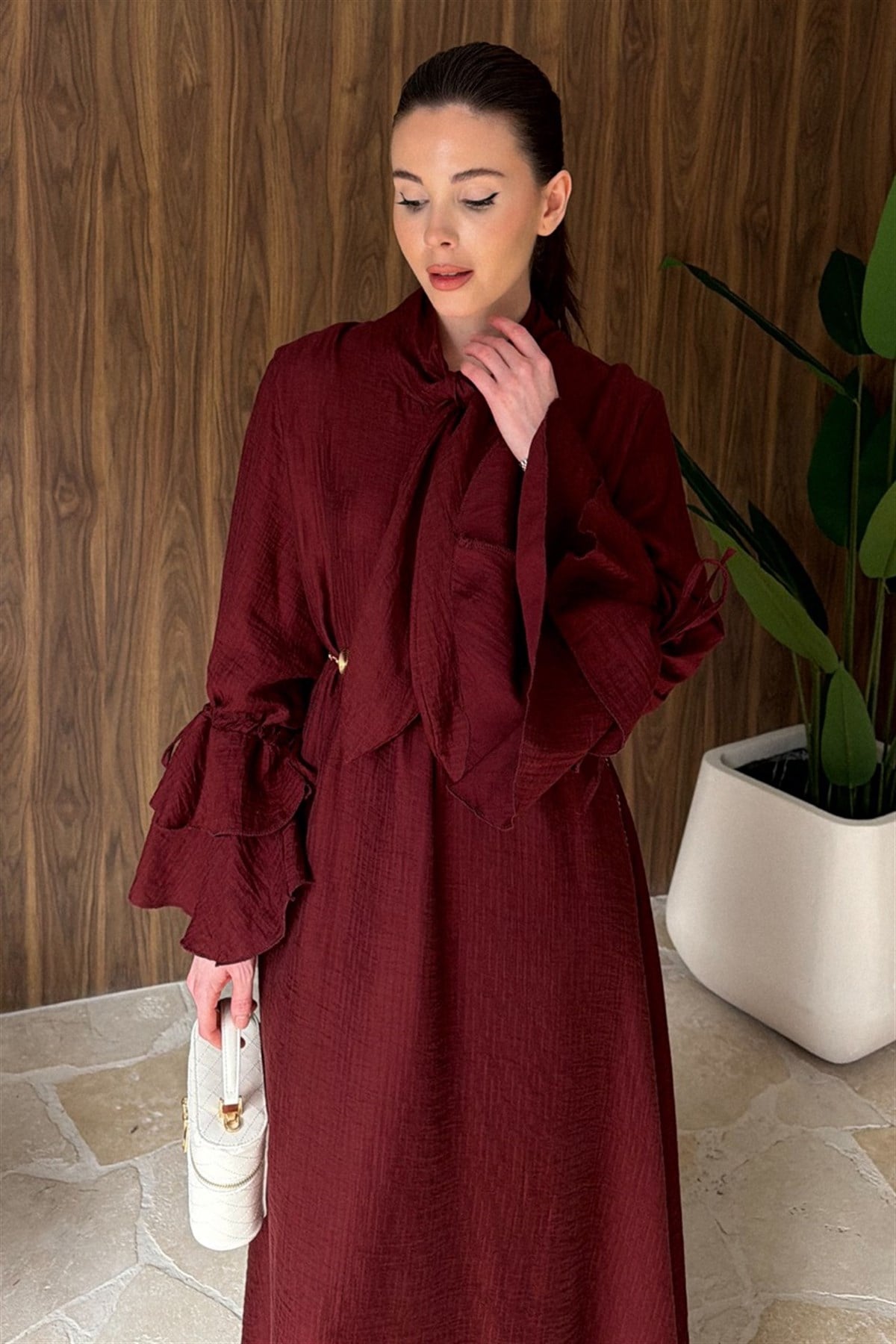 Kol Volanlı Müslin Elbise - Bordo