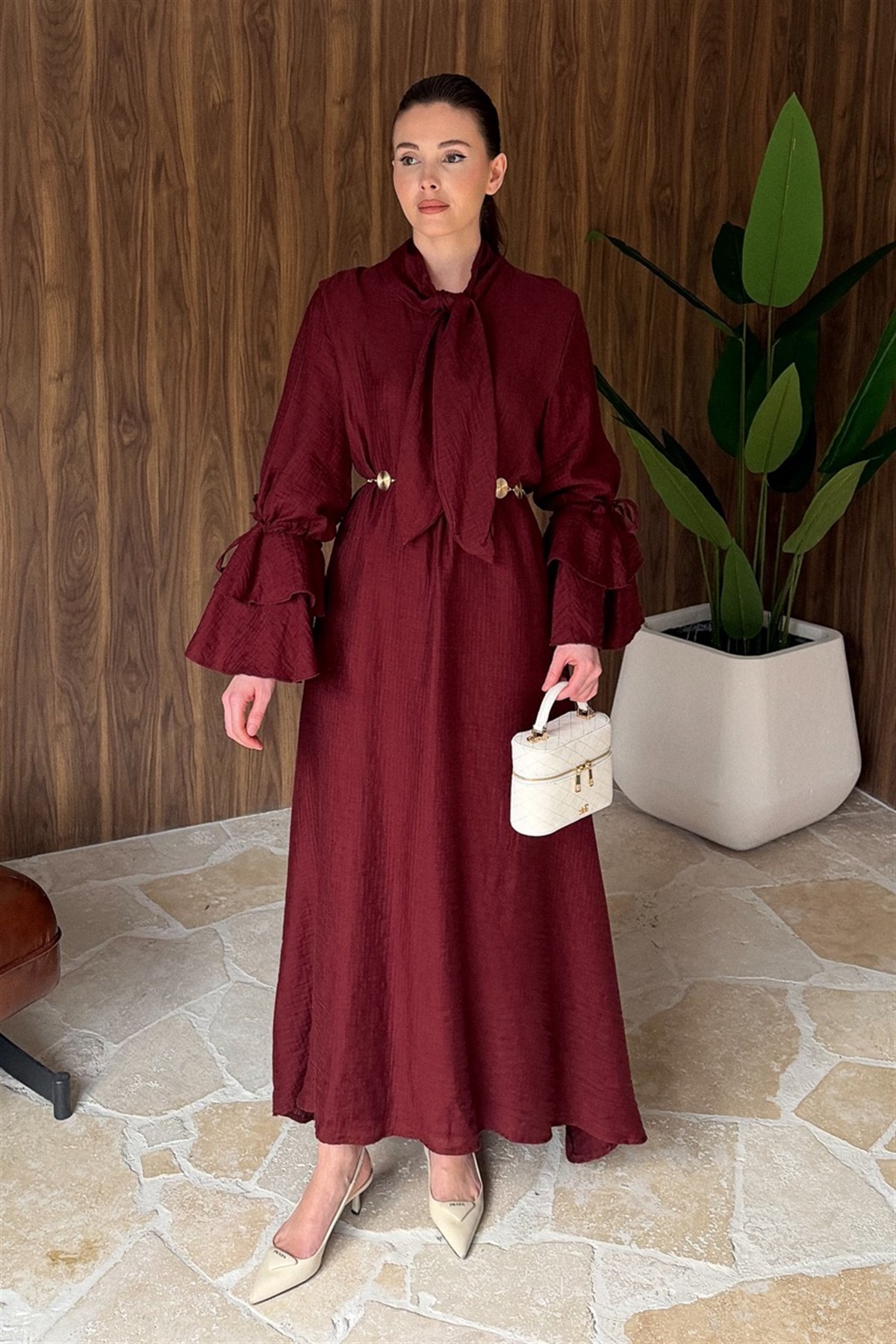 Kol Volanlı Müslin Elbise - Bordo