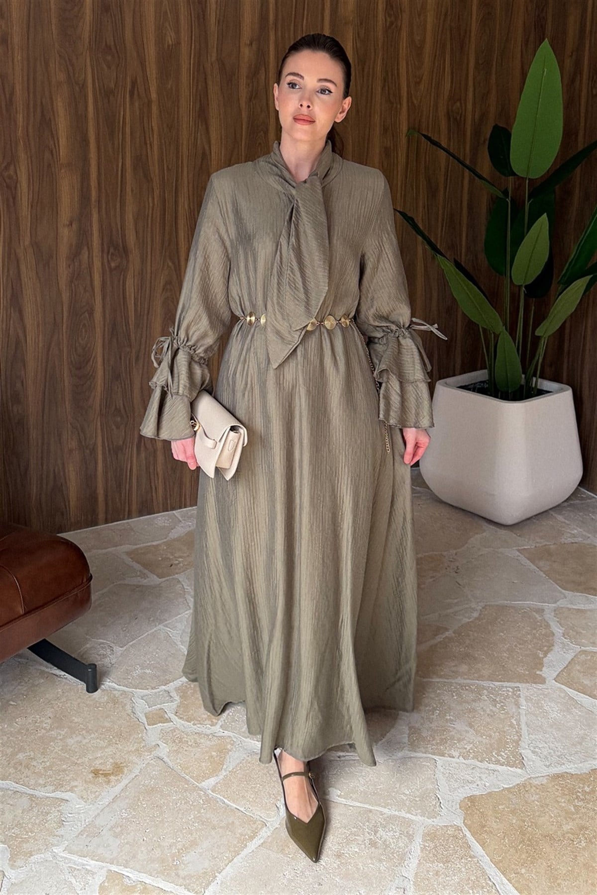 Kol Volanlı Müslin Elbise - Haki