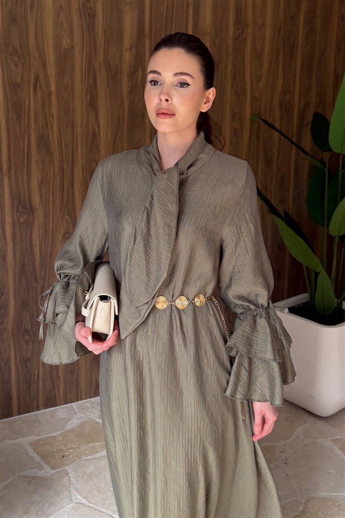 Kol Volanlı Müslin Elbise - Haki