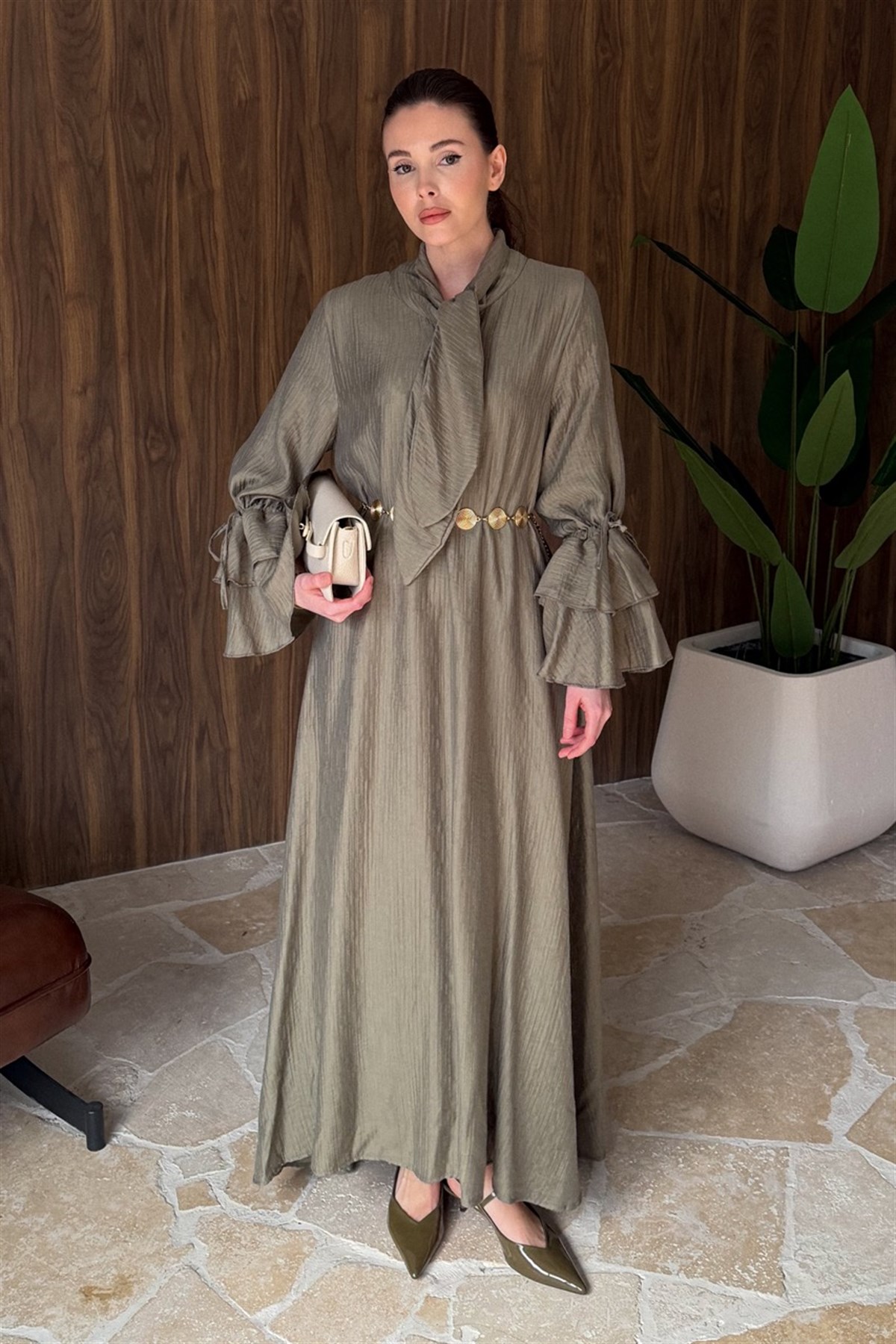 Kol Volanlı Müslin Elbise - Haki