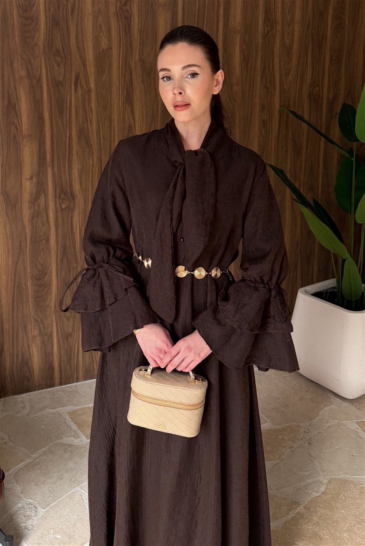 Kol Volanlı Müslin Elbise - Kahve