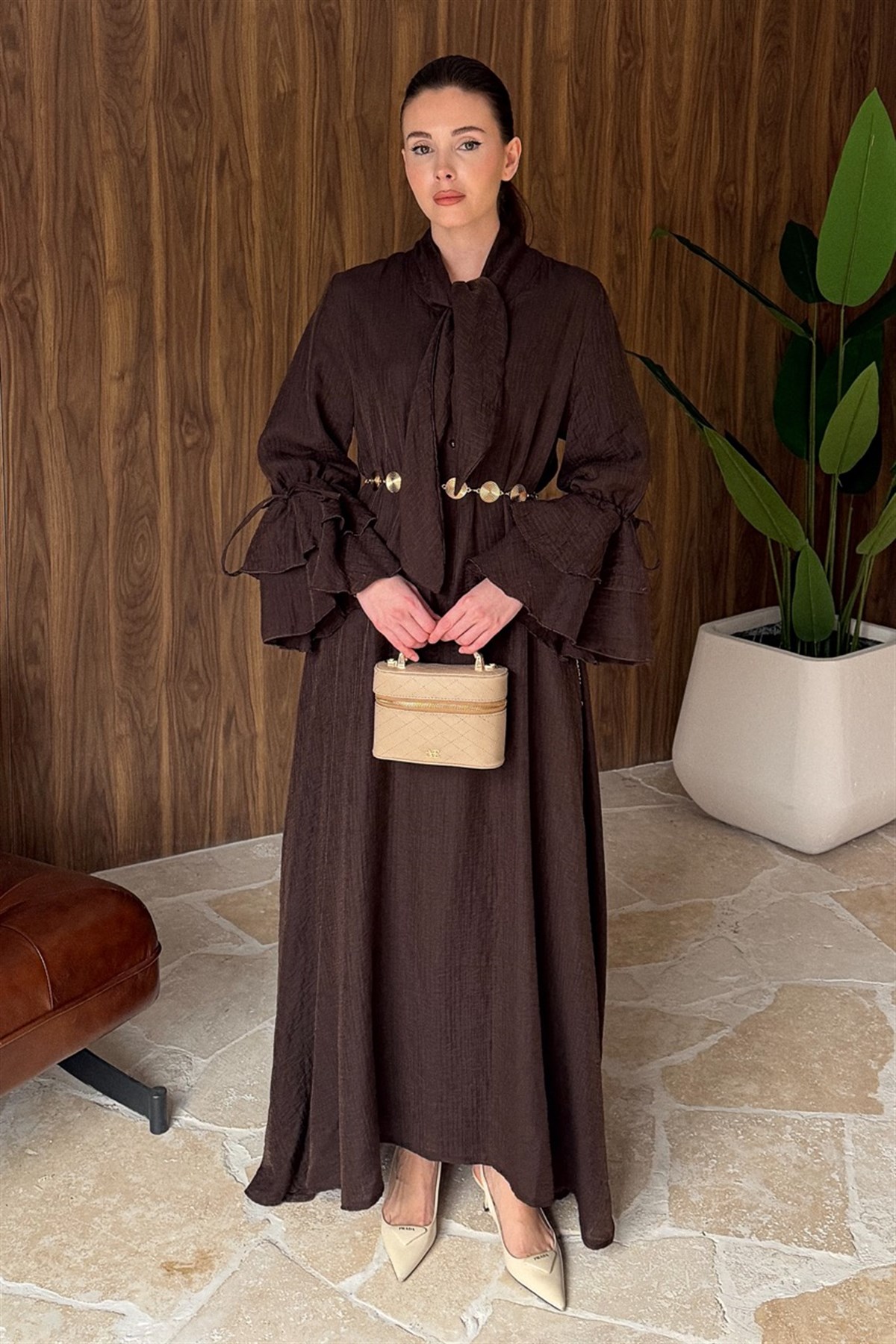 Kol Volanlı Müslin Elbise - Kahve