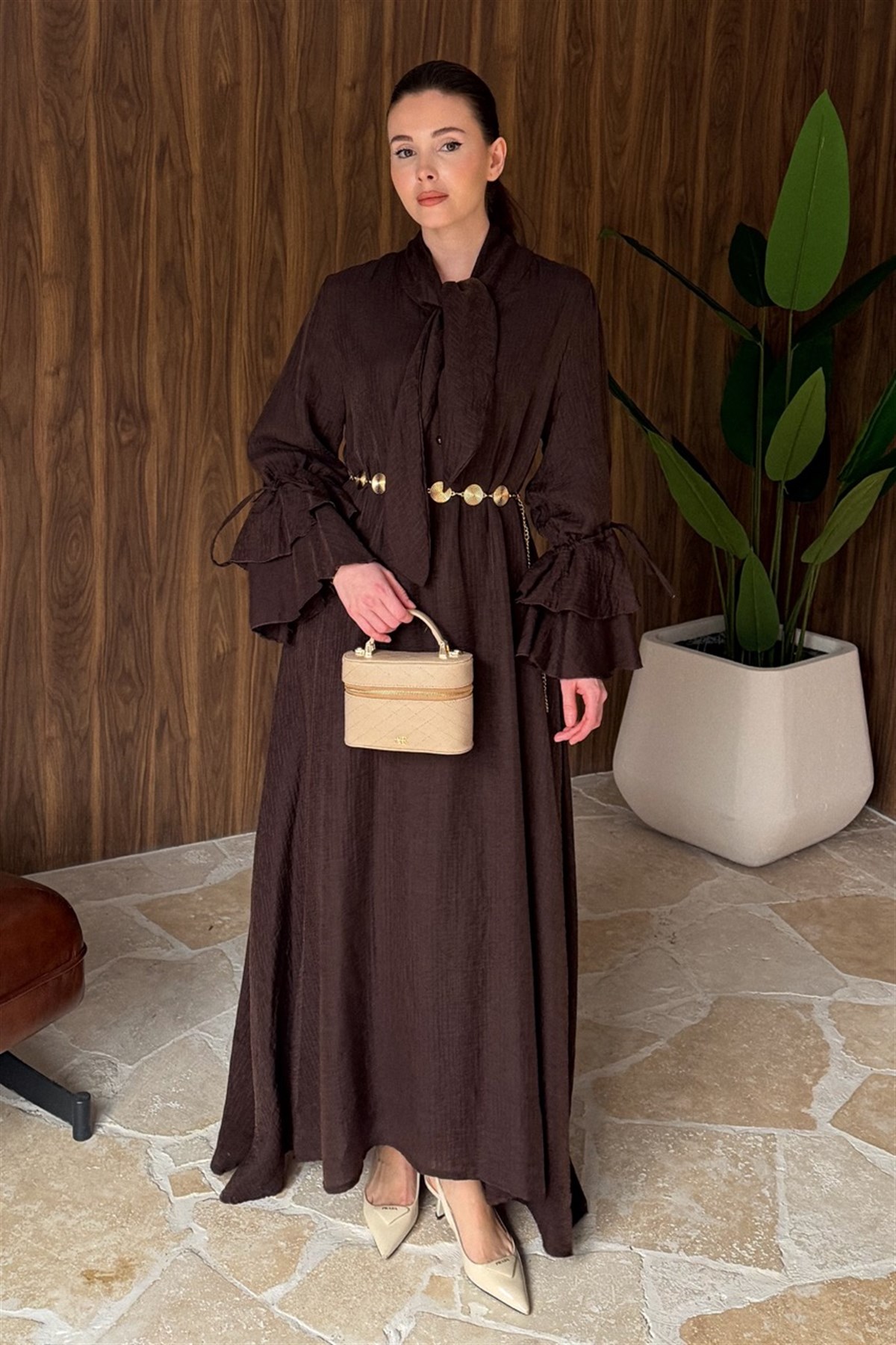 Kol Volanlı Müslin Elbise - Kahve