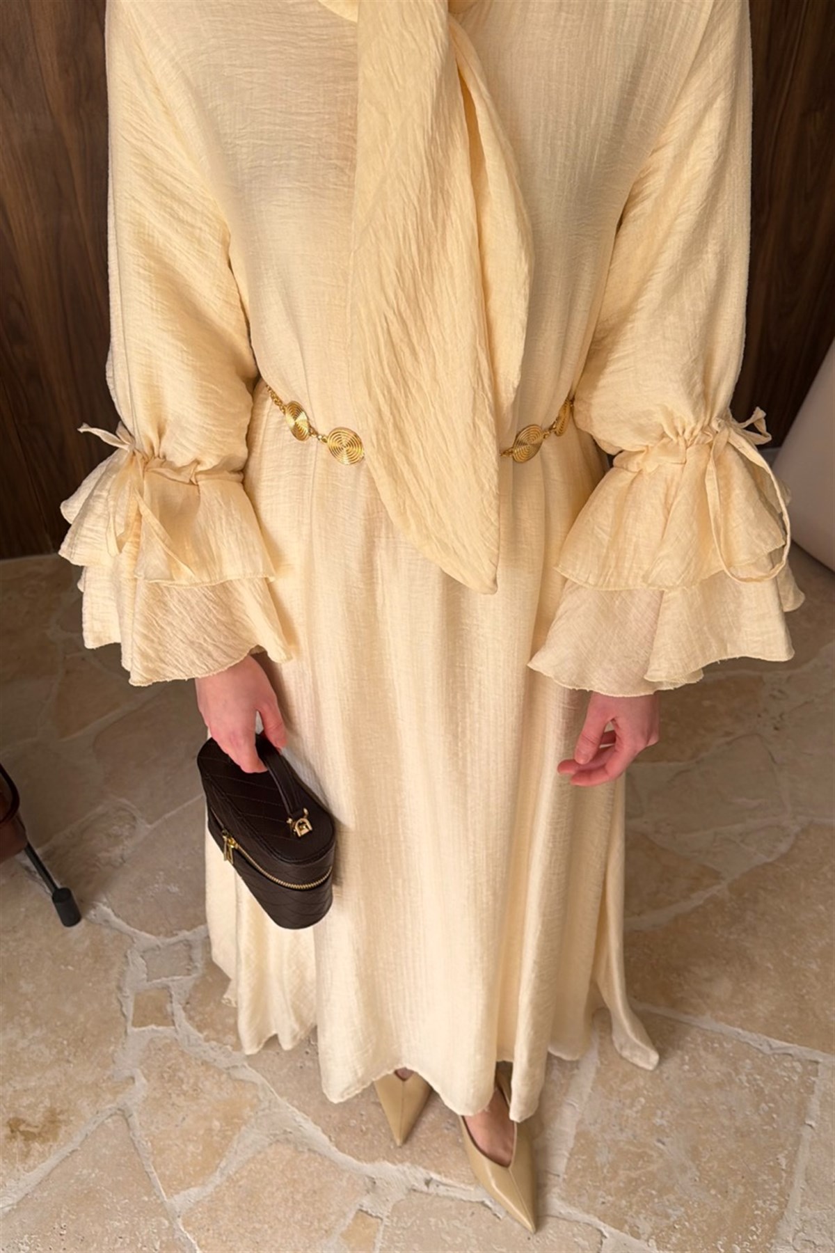 Kol Volanlı Müslin Elbise - Krem