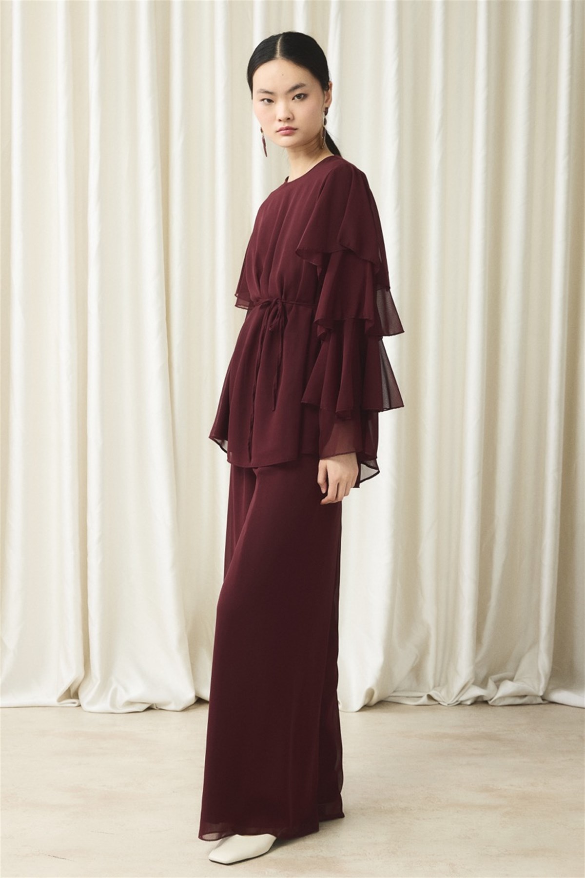 Kol Volanlı Şifon Takım - Bordo