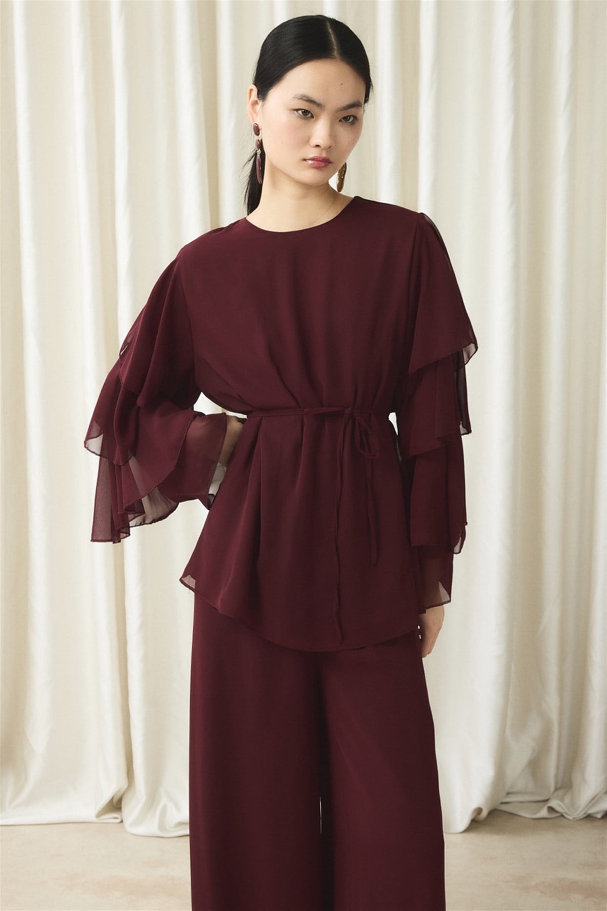 Kol Volanlı Şifon Takım - Bordo