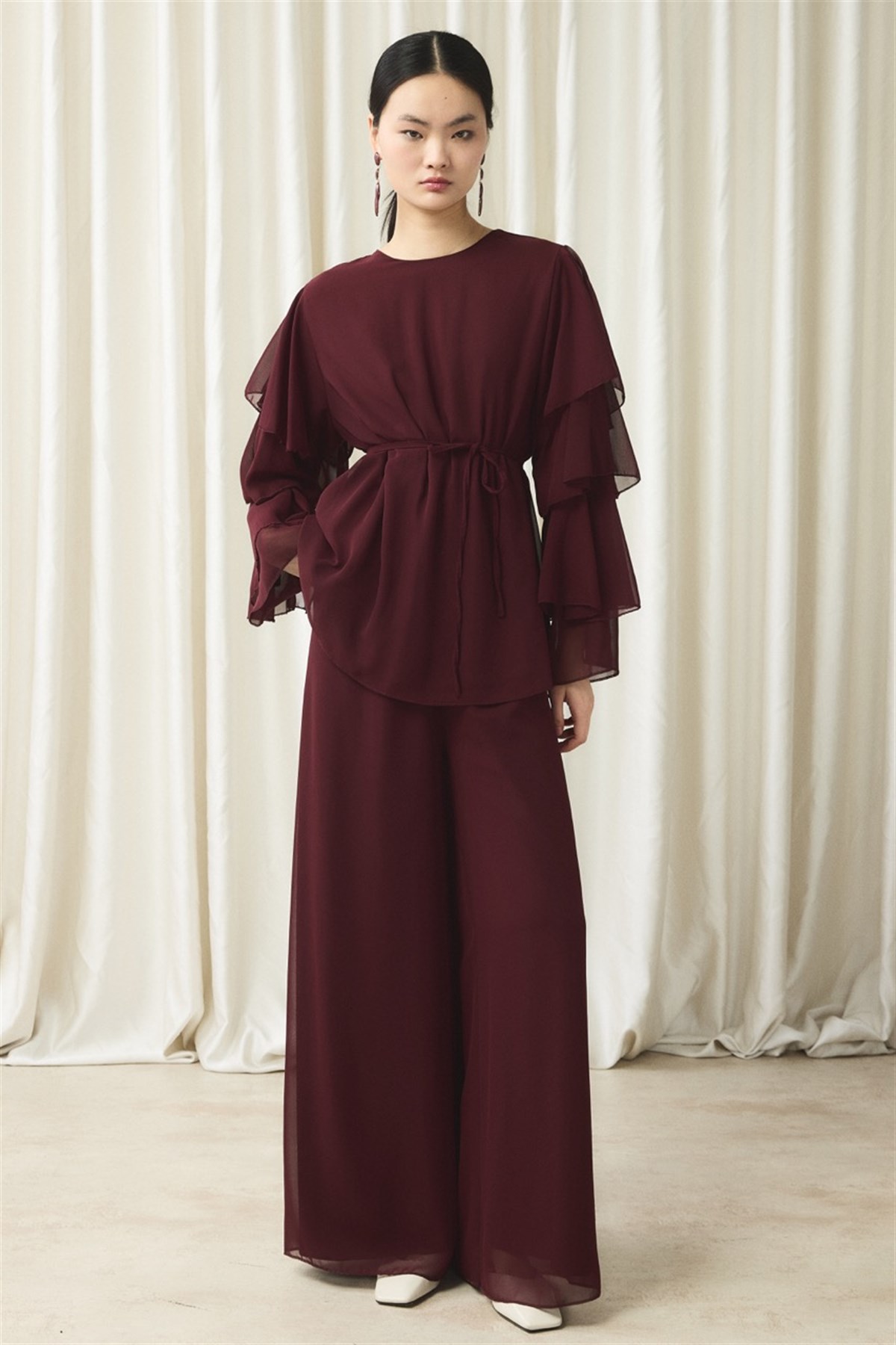 Kol Volanlı Şifon Takım - Bordo