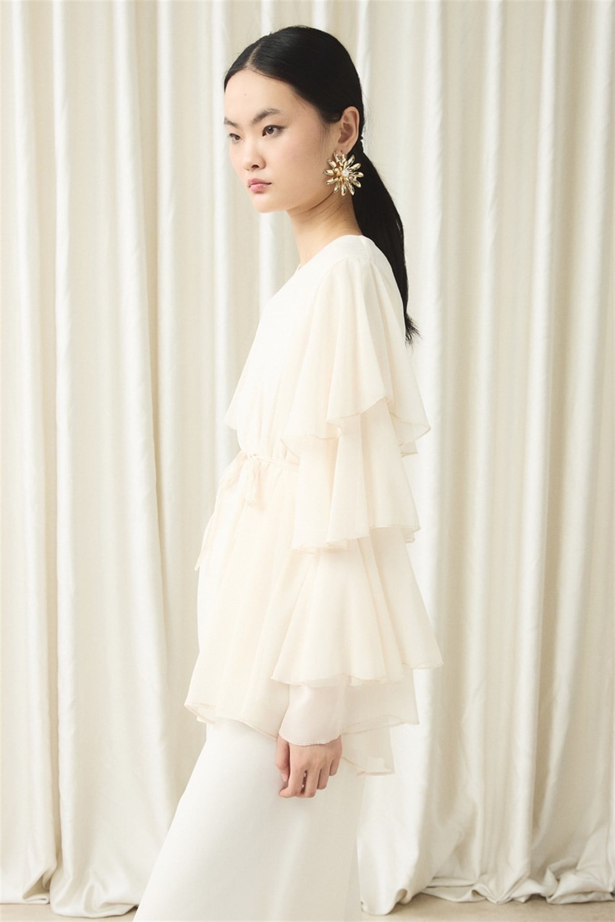 Kol Volanlı Şifon Takım - Ekru