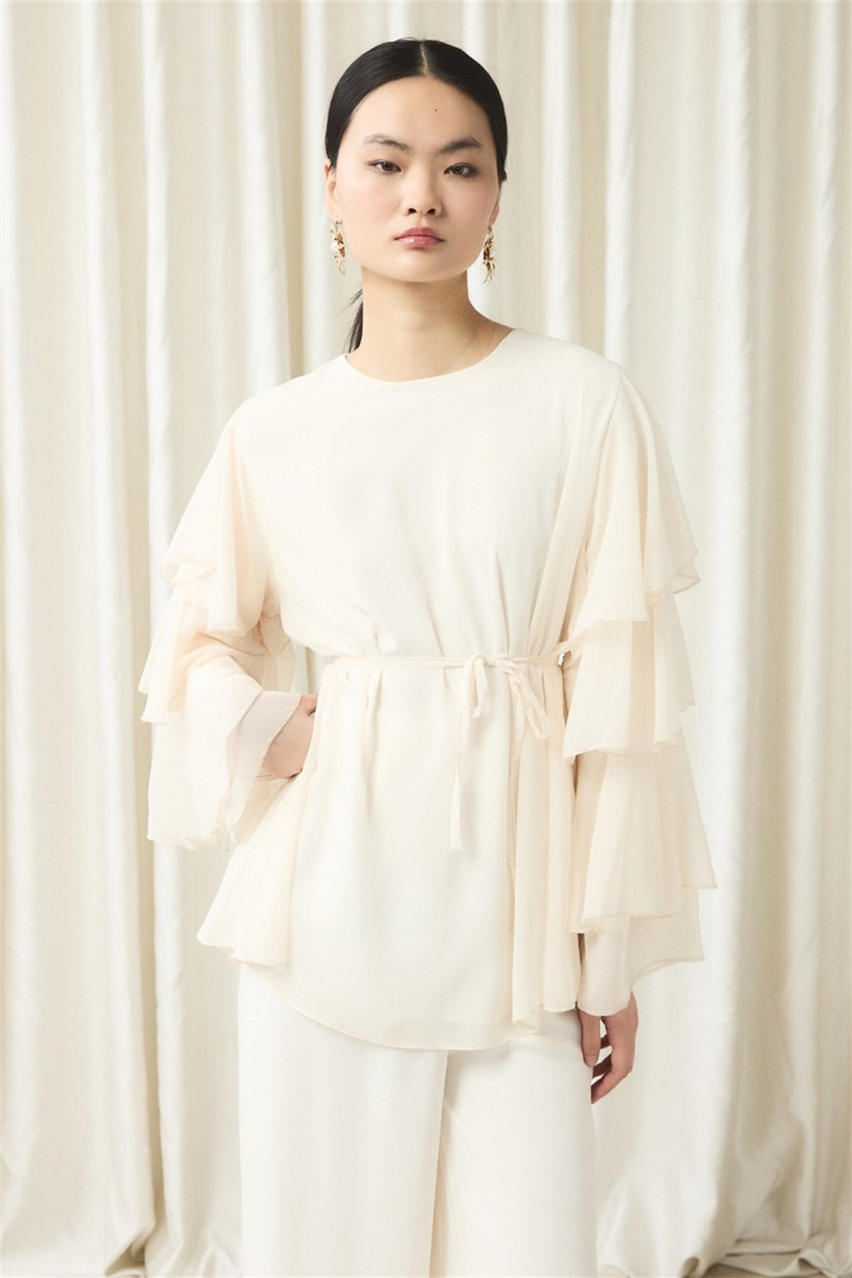 Kol Volanlı Şifon Takım - Ekru