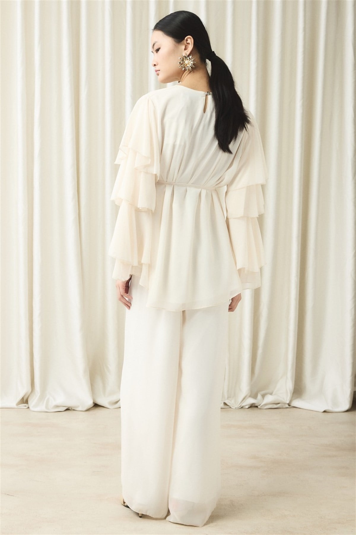 Kol Volanlı Şifon Takım - Ekru