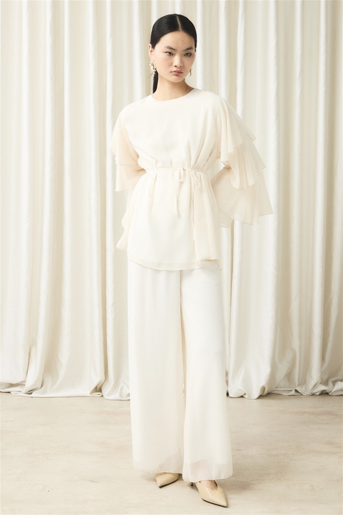 Kol Volanlı Şifon Takım - Ekru