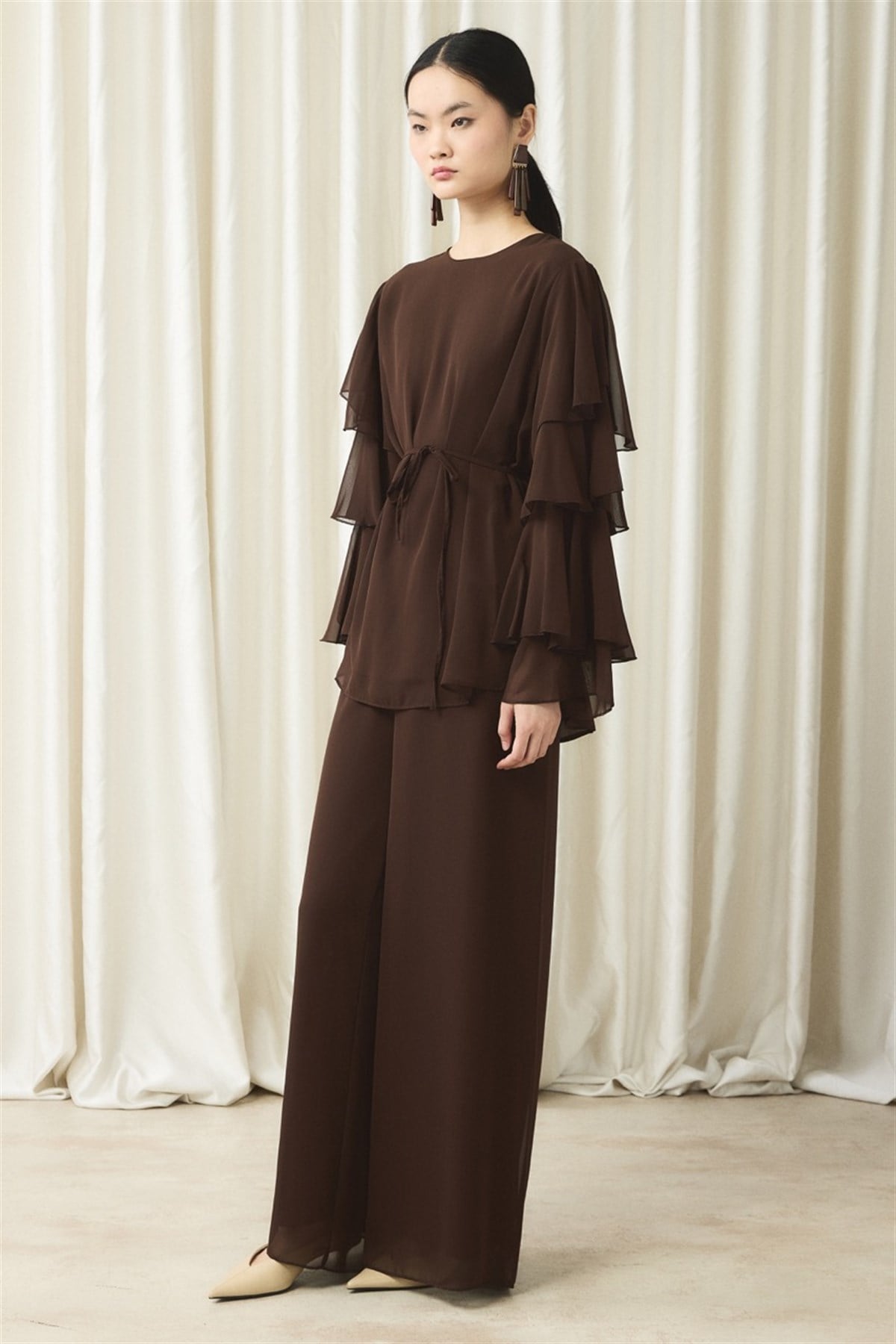 Kol Volanlı Şifon Takım - Kahve