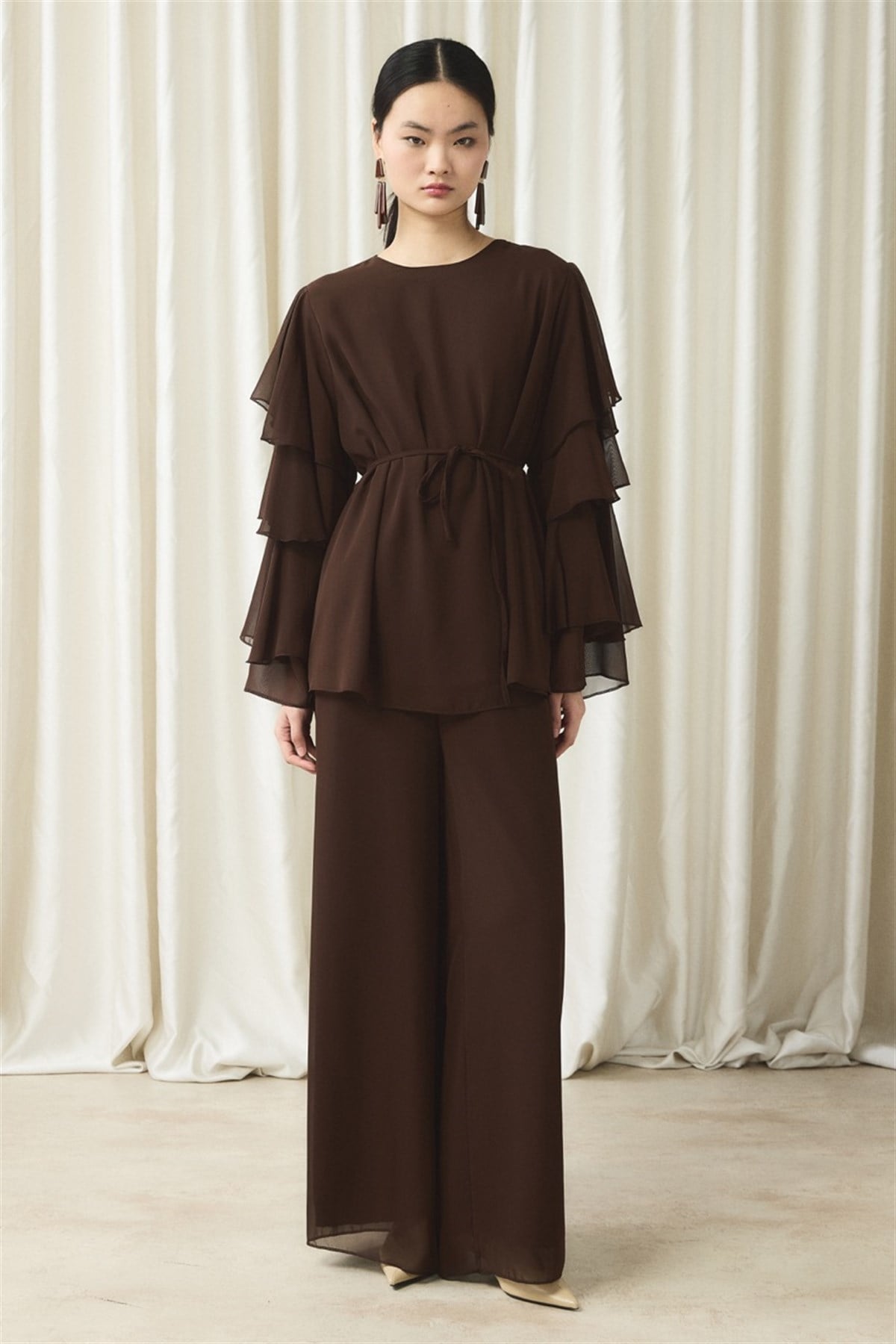 Kol Volanlı Şifon Takım - Kahve