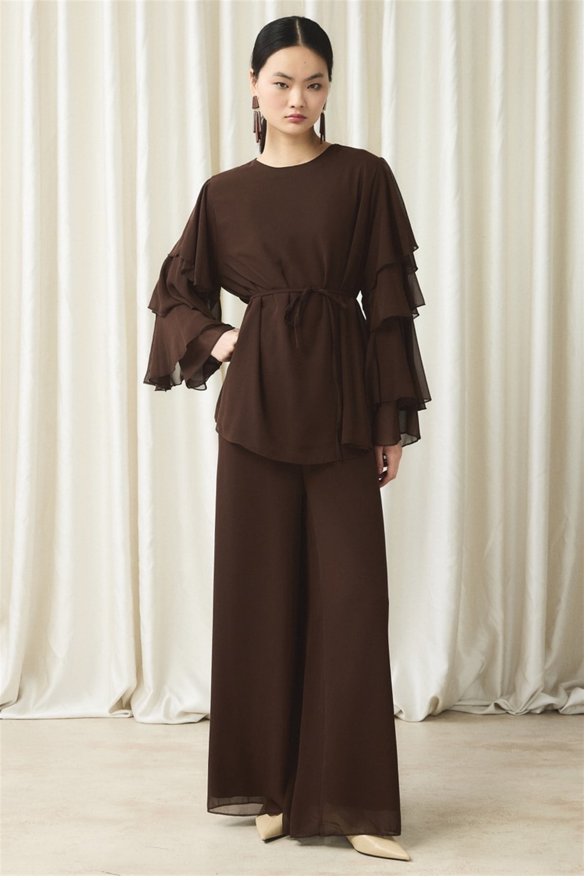 Kol Volanlı Şifon Takım - Kahve