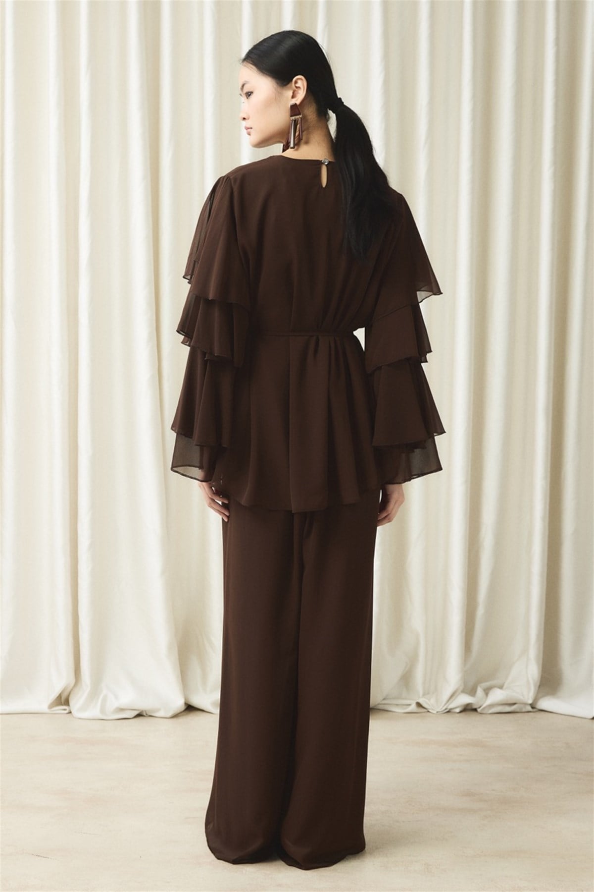 Kol Volanlı Şifon Takım - Kahve