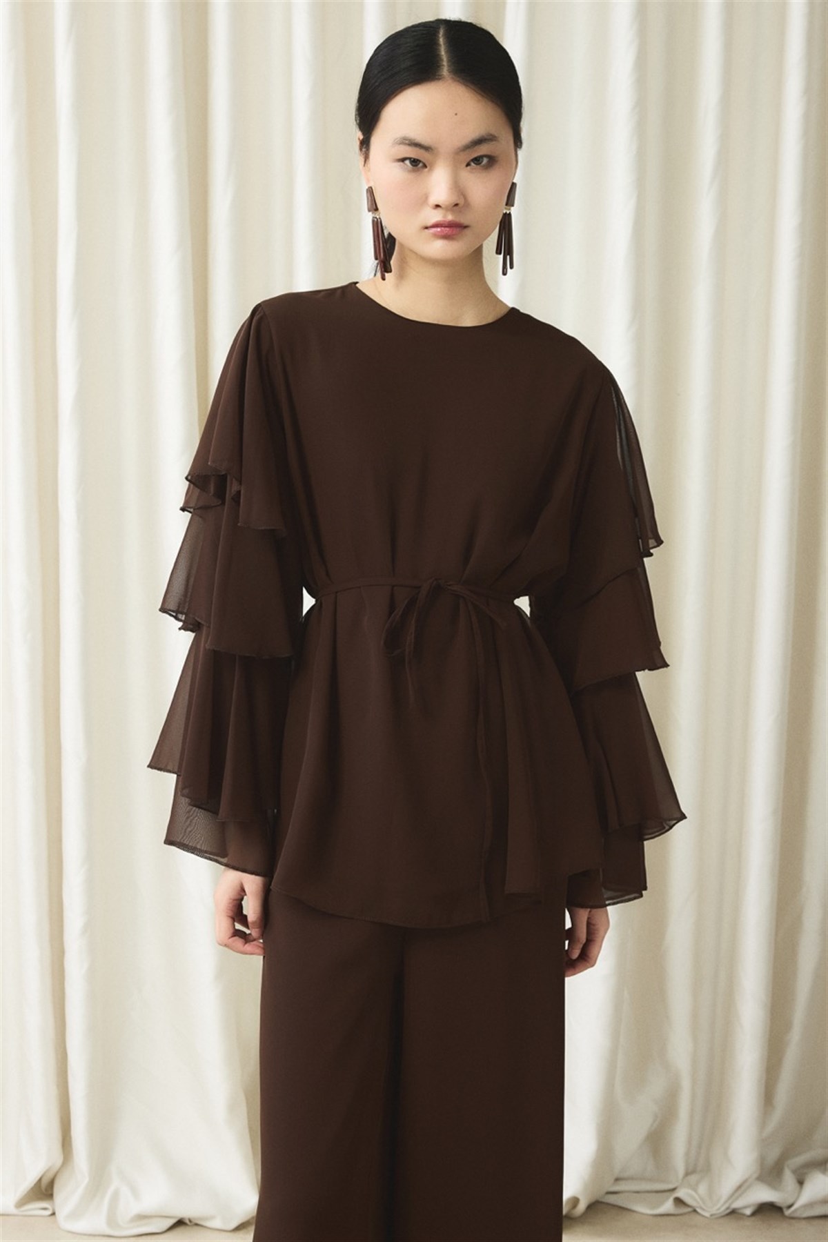 Kol Volanlı Şifon Takım - Kahve