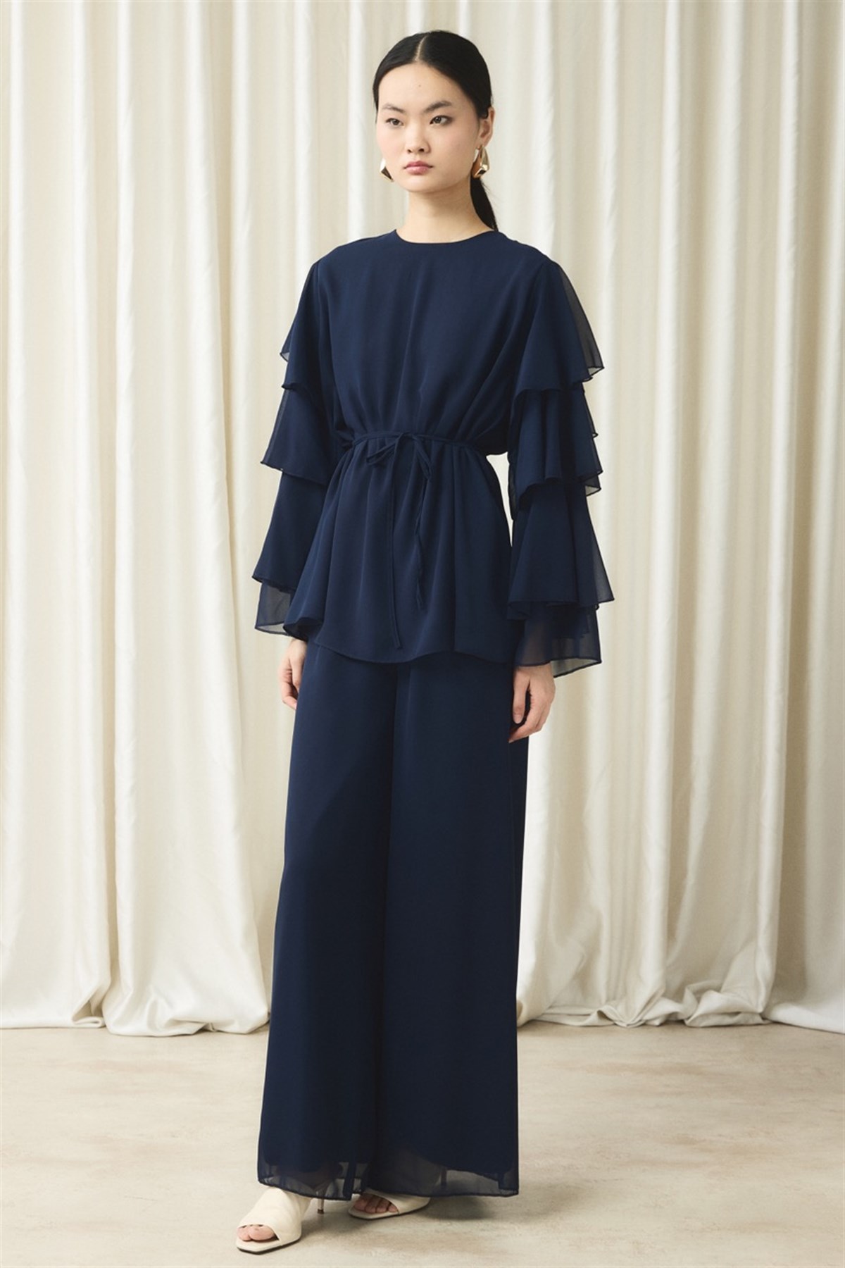 Kol Volanlı Şifon Takım - Lacivert