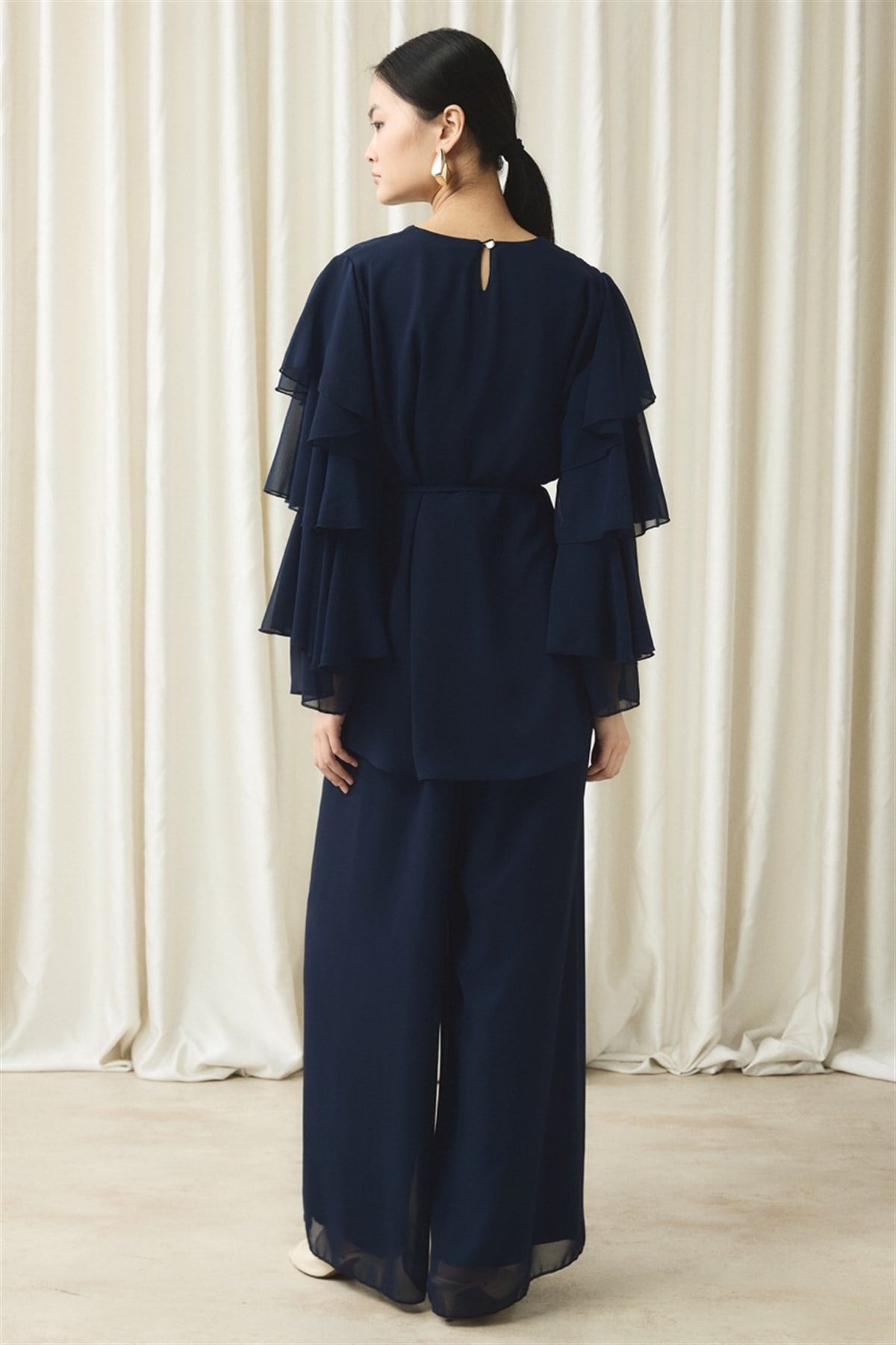 Kol Volanlı Şifon Takım - Lacivert