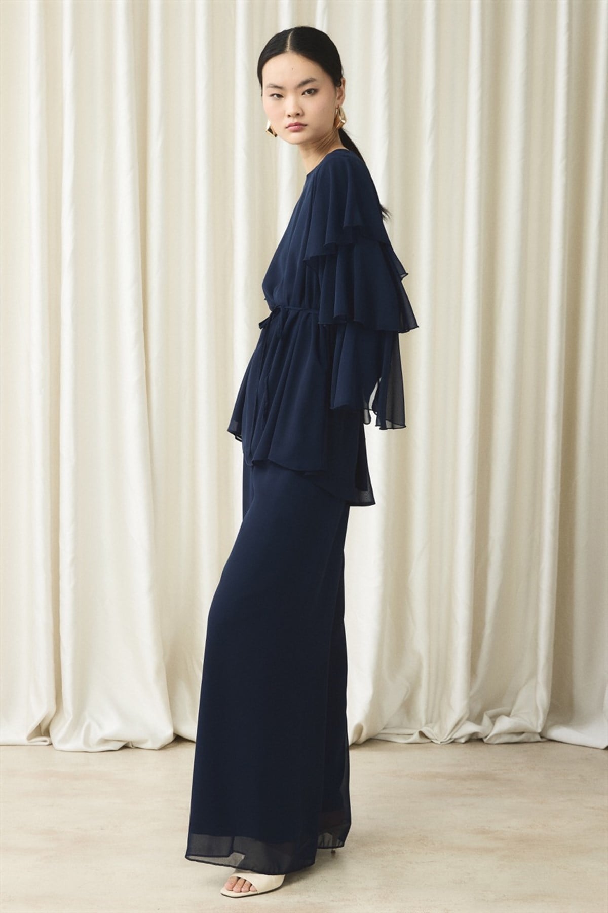 Kol Volanlı Şifon Takım - Lacivert