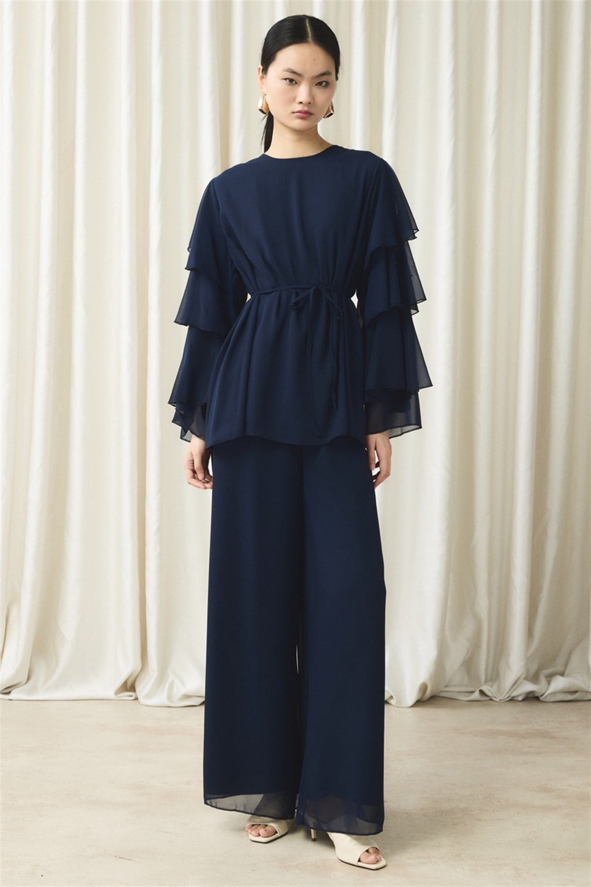 Kol Volanlı Şifon Takım - Lacivert