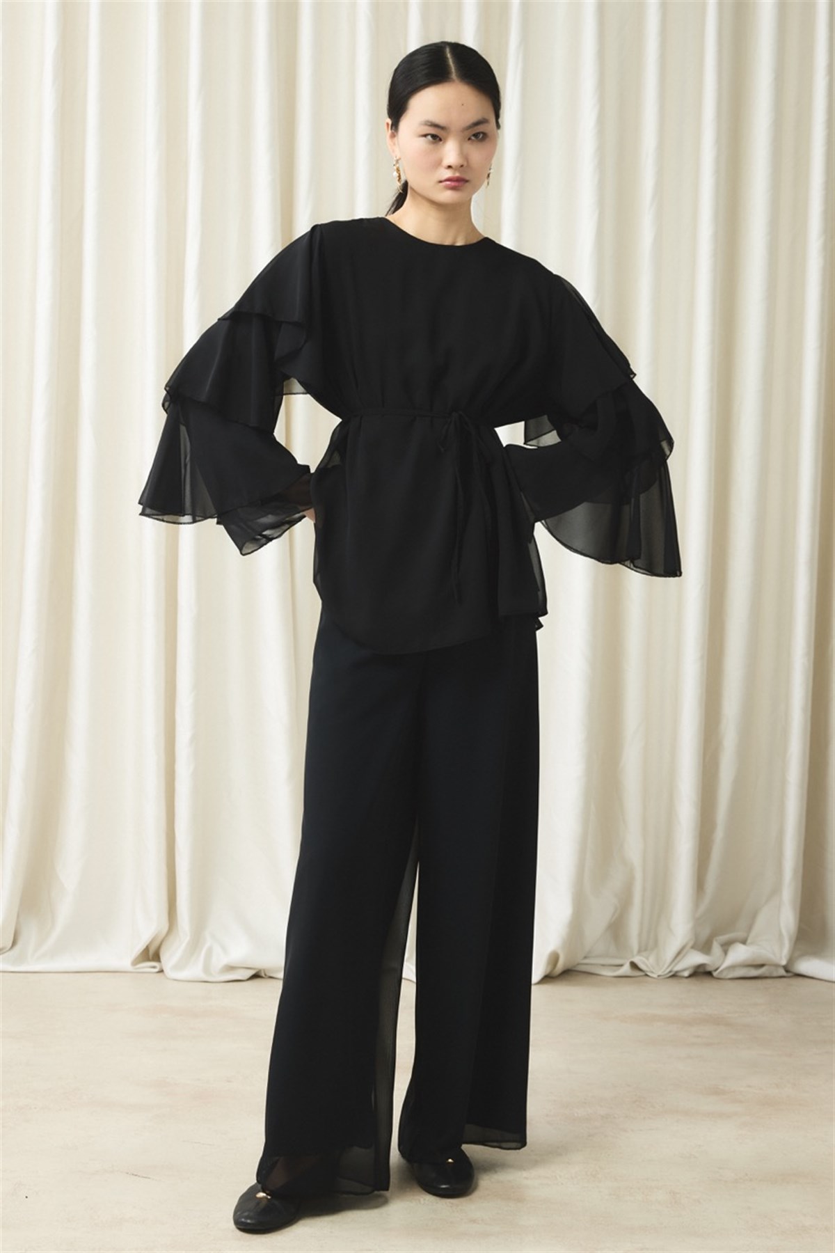 Kol Volanlı Şifon Takım - Siyah