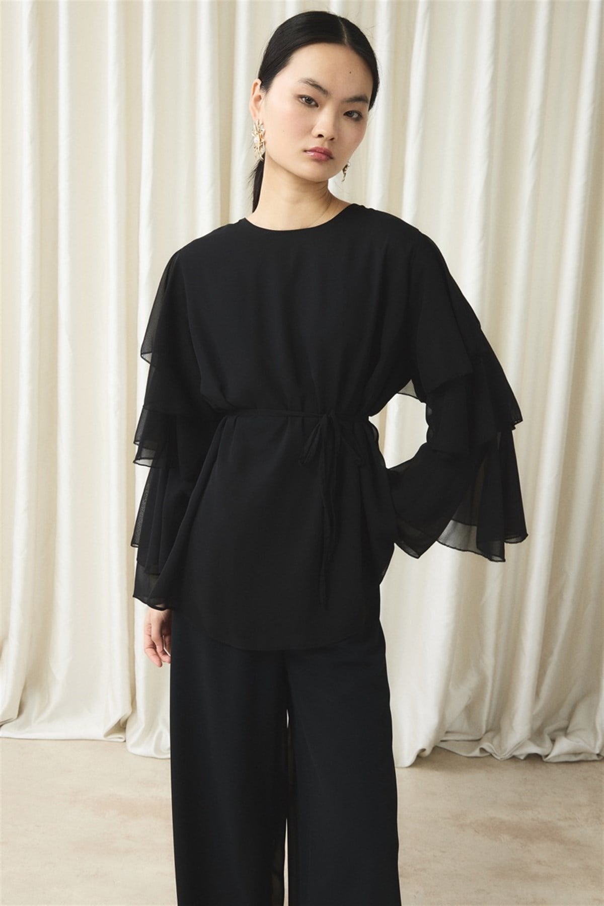 Kol Volanlı Şifon Takım - Siyah