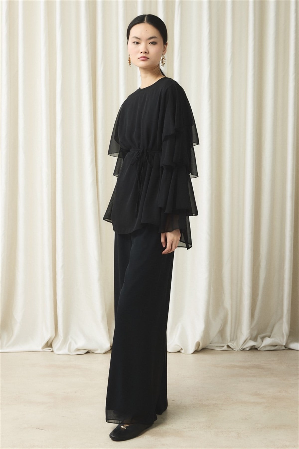 Kol Volanlı Şifon Takım - Siyah