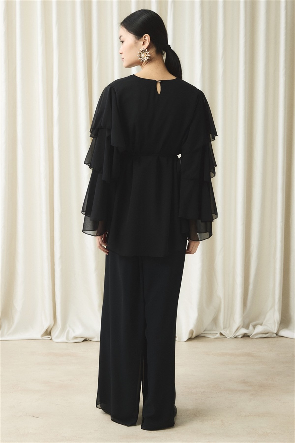 Kol Volanlı Şifon Takım - Siyah