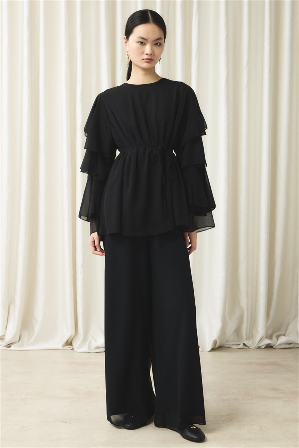 Kol Volanlı Şifon Takım - Siyah