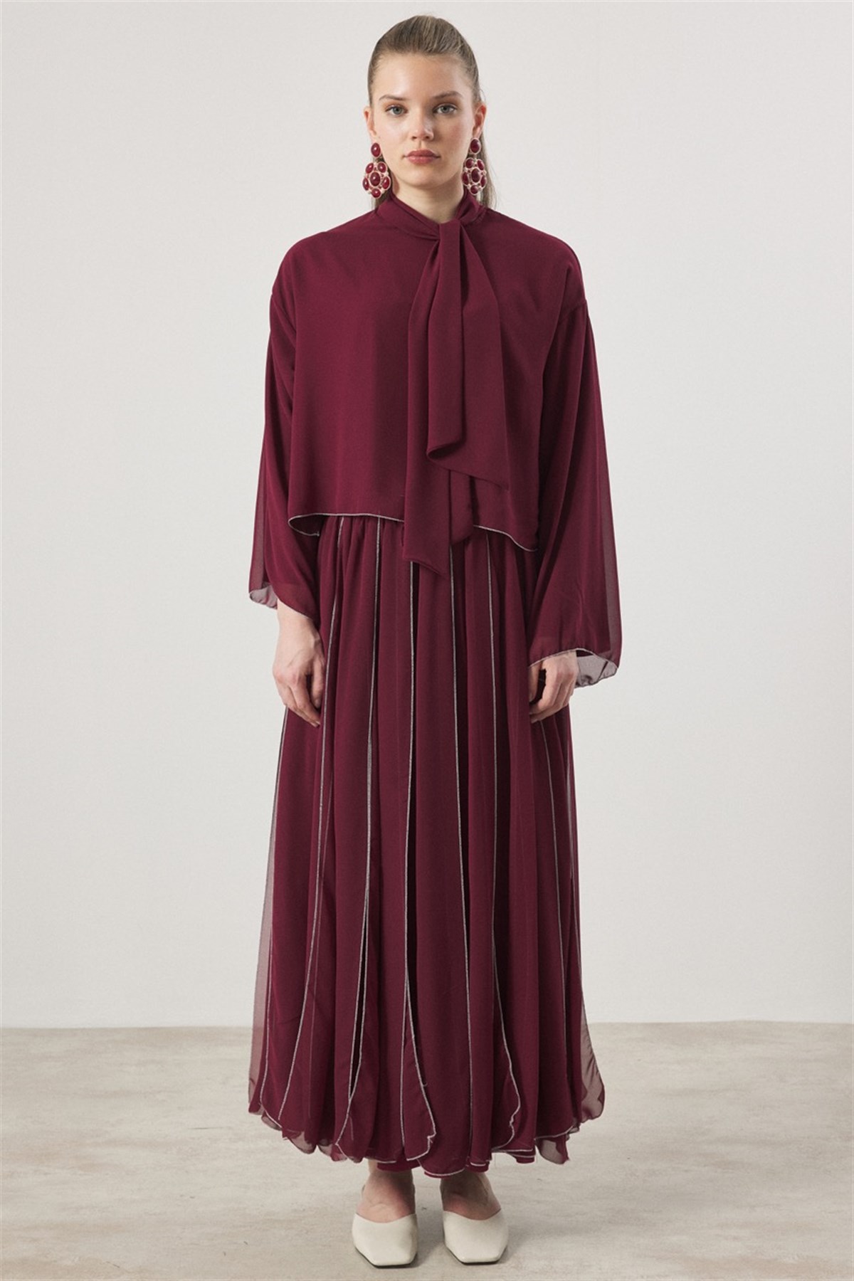 Kravat Bağlamalı Pileli Etek Takım - Bordo