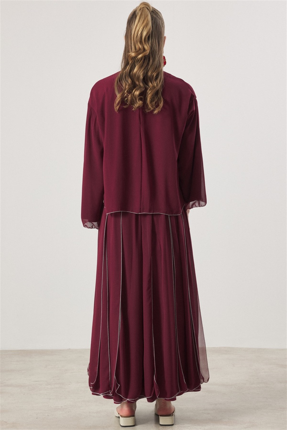 Kravat Bağlamalı Pileli Etek Takım - Bordo