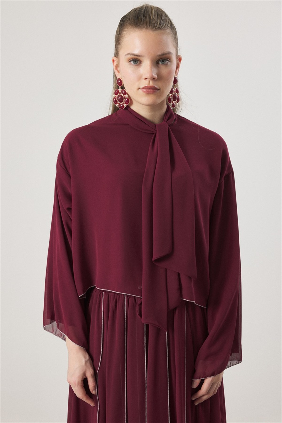 Kravat Bağlamalı Pileli Etek Takım - Bordo