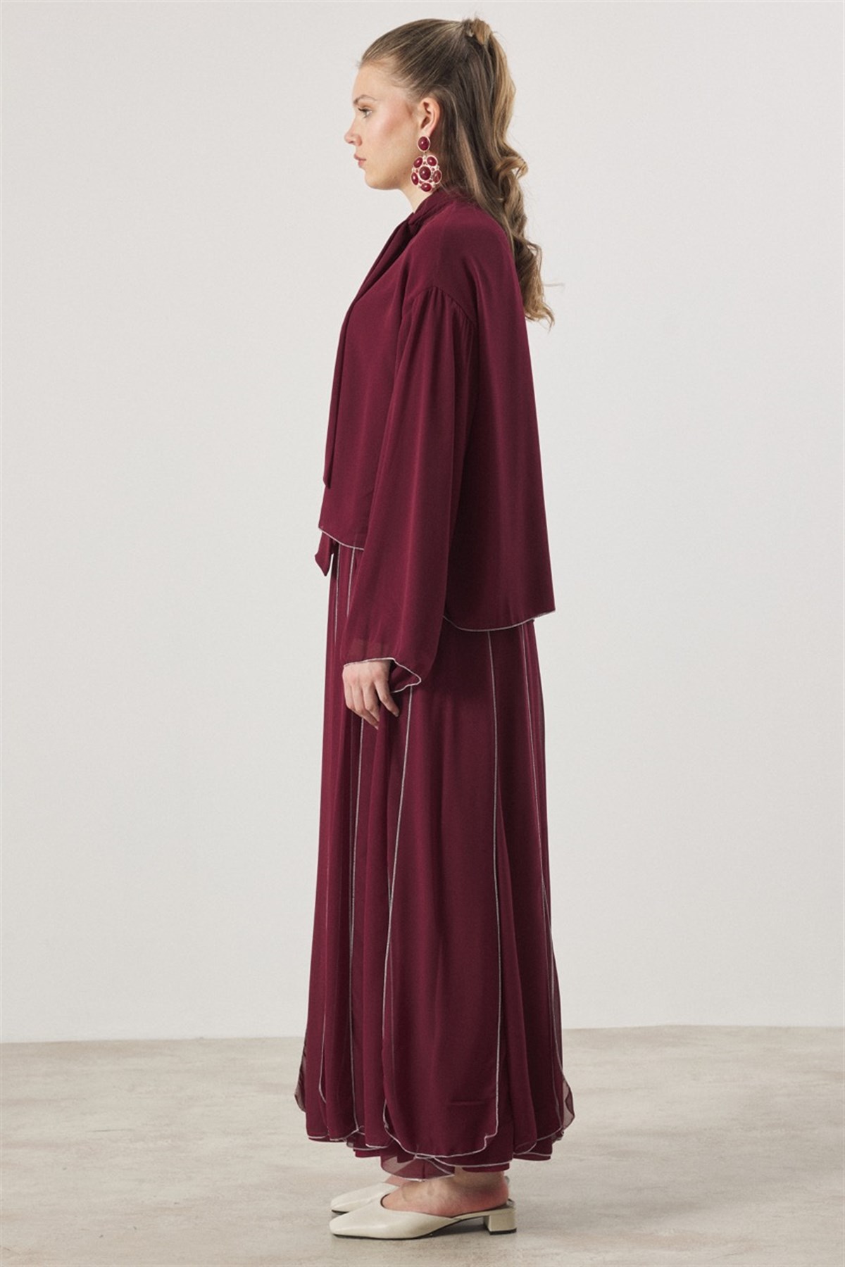 Kravat Bağlamalı Pileli Etek Takım - Bordo