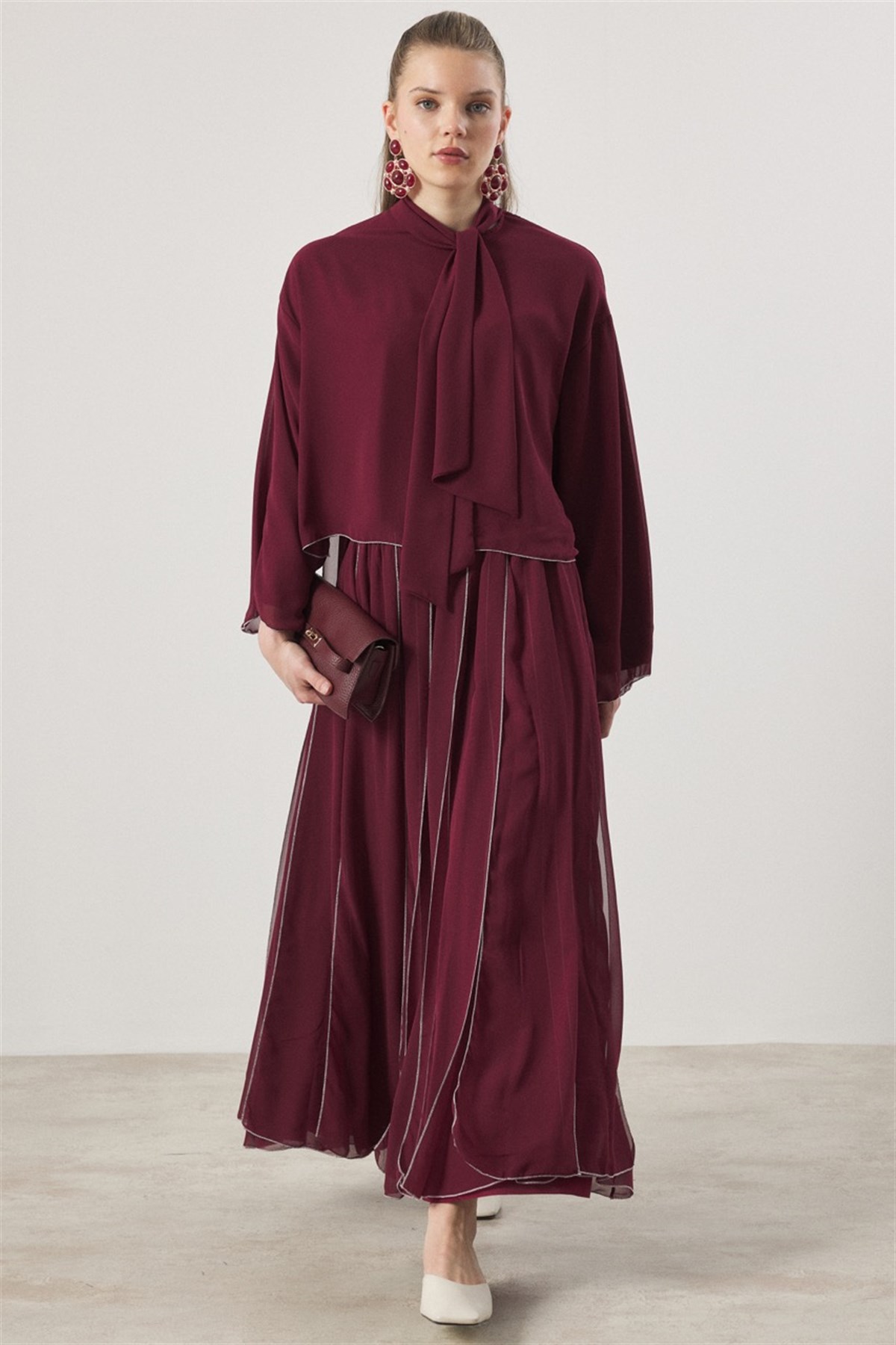 Kravat Bağlamalı Pileli Etek Takım - Bordo