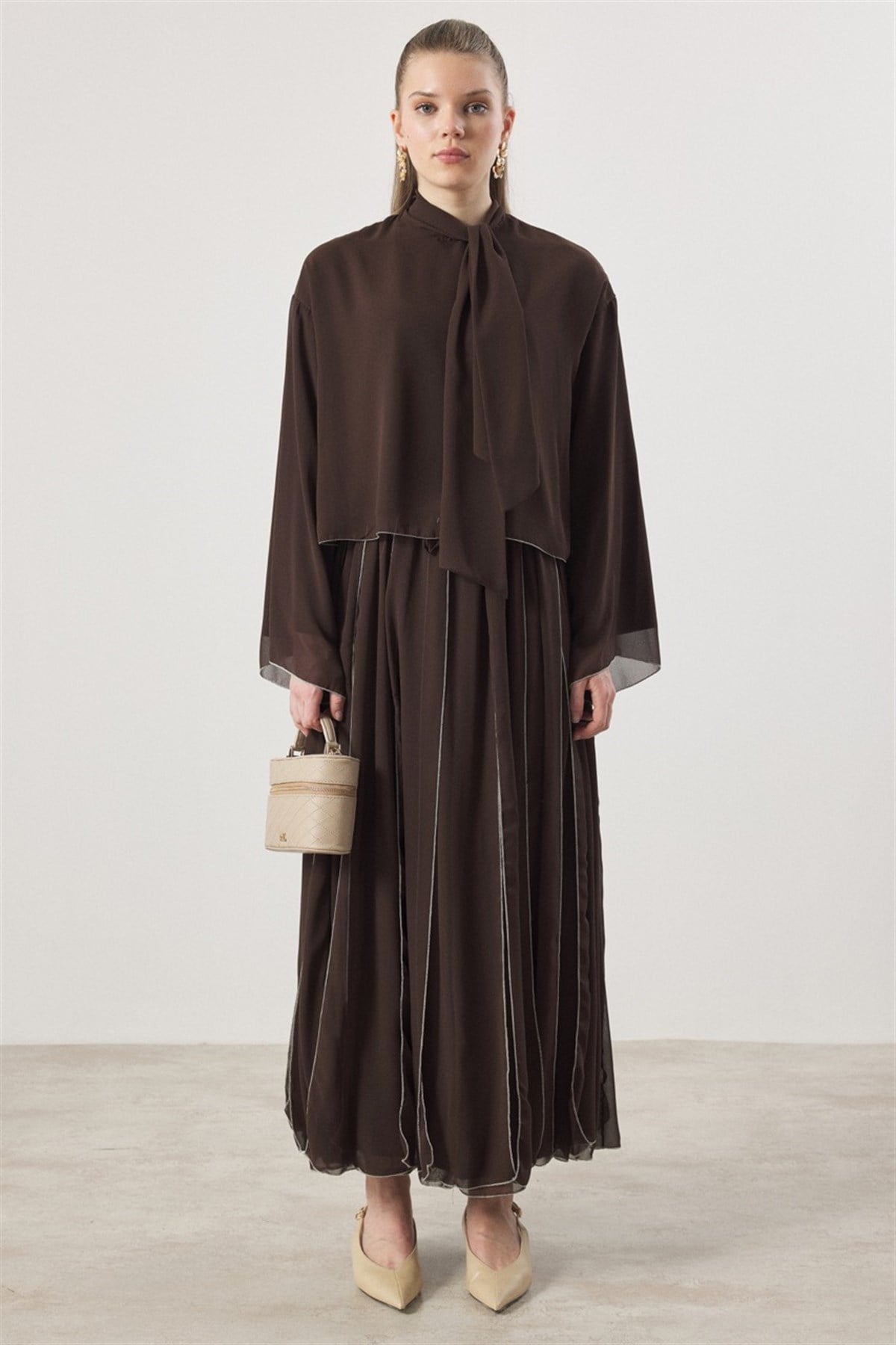 Kravat Bağlamalı Pileli Etek Takım - Kahve