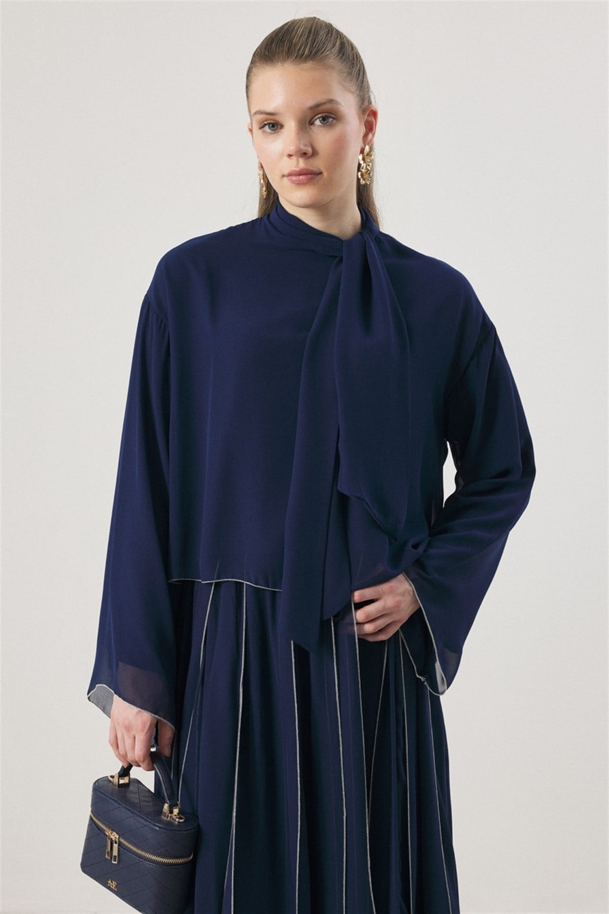 Kravat Bağlamalı Pileli Etek Takım - Lacivert