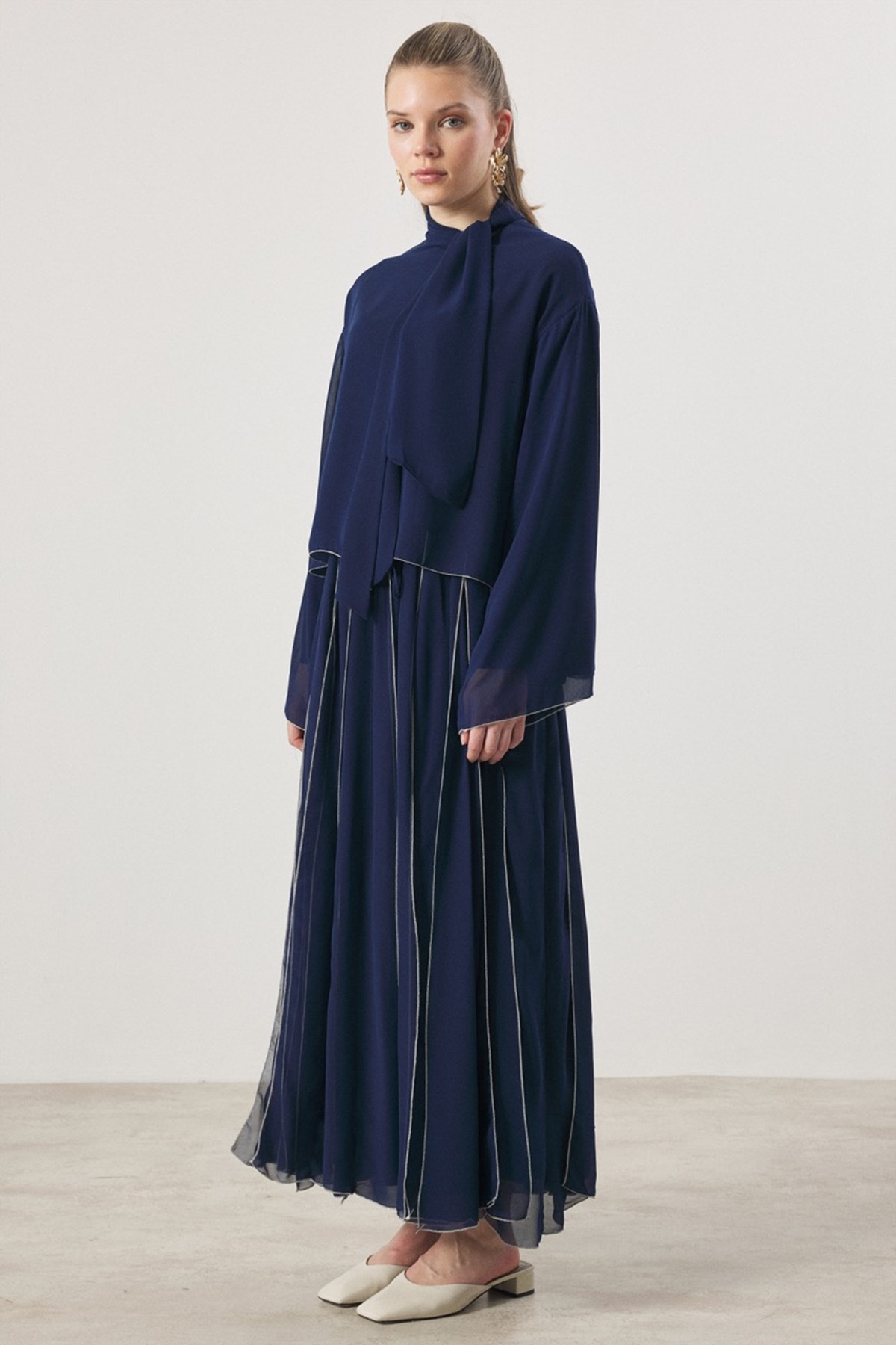 Kravat Bağlamalı Pileli Etek Takım - Lacivert