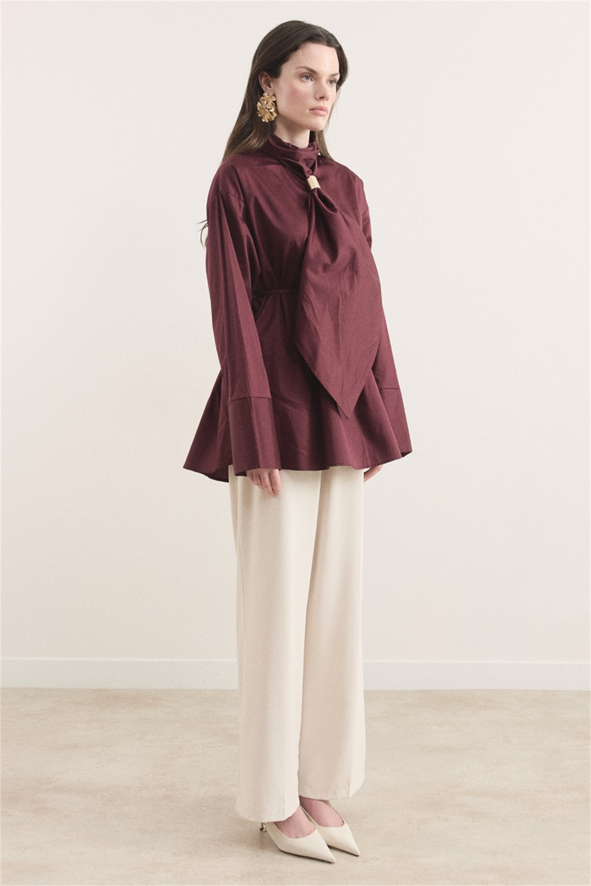 Kravat Detay Dacron Gömlek - Bordo