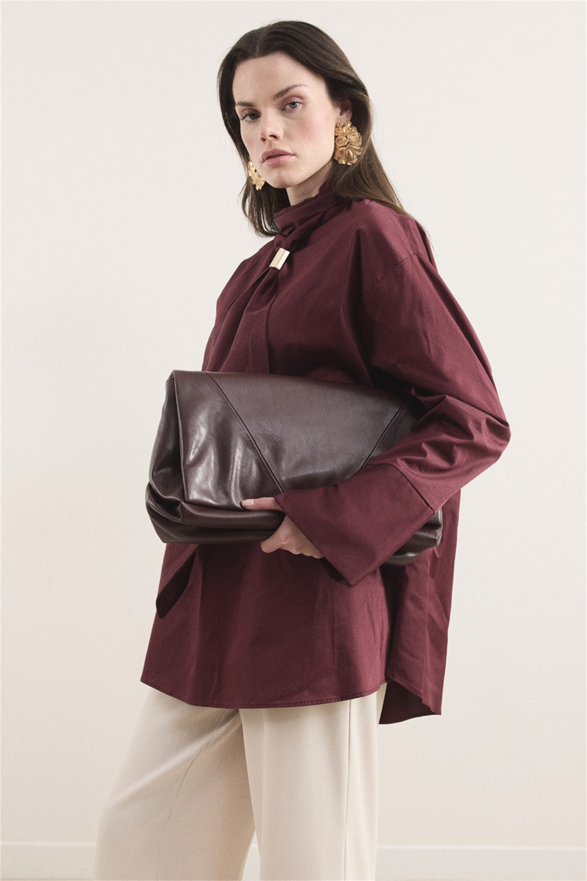 Kravat Detay Dacron Gömlek - Bordo