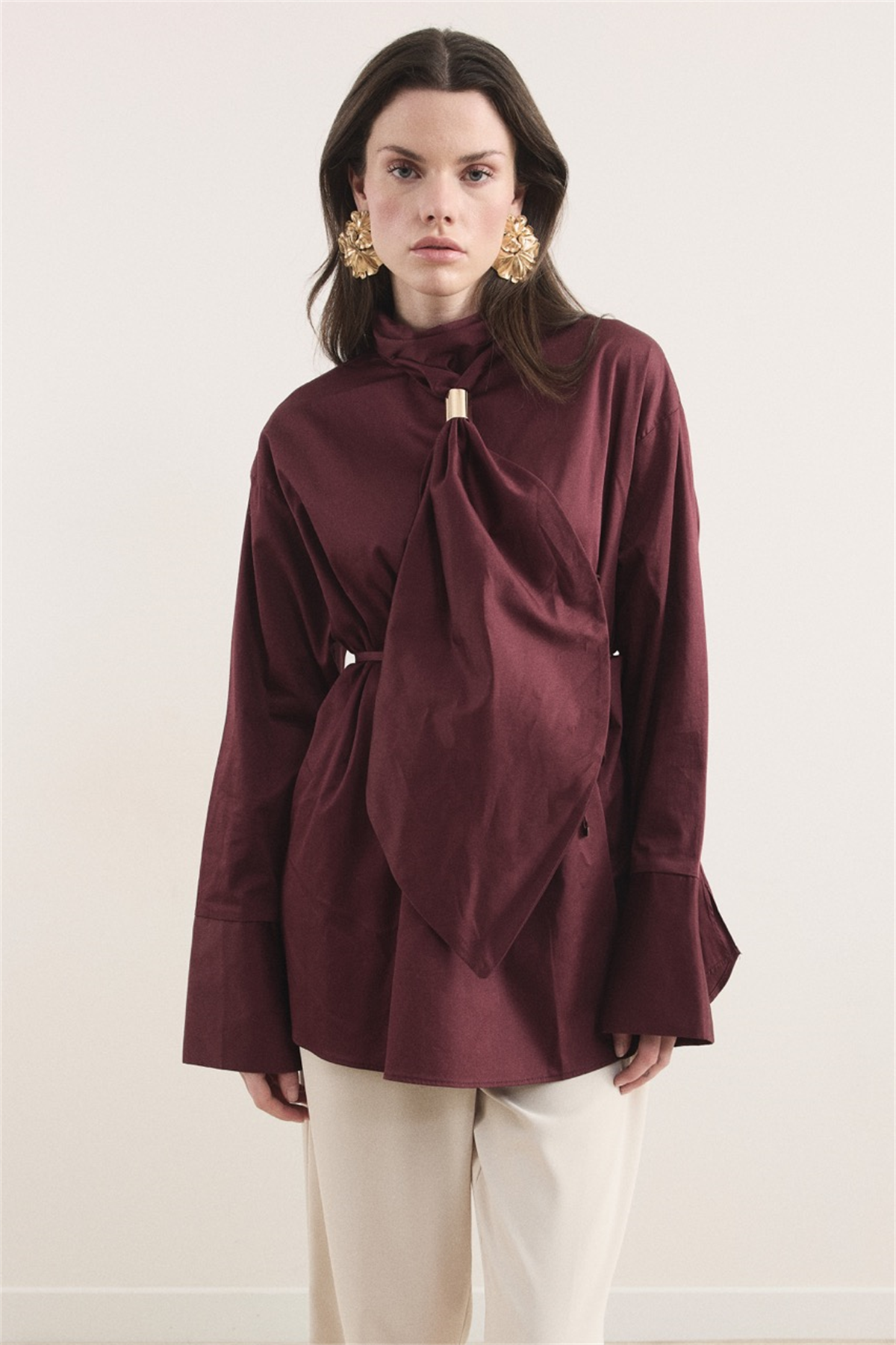 Kravat Detay Dacron Gömlek - Bordo